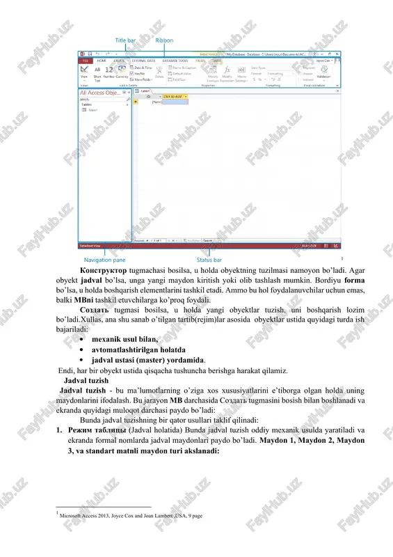 ashtiriladi va jadval shu tariqa hosil qilinadi. hisobot - mb tarkibidagi ma’lumotlardan keraklisini printerga chiqaruvchi qog’ozdagi asosiy hujjat. modul - visual basic dasturlash muhitida yozilgan dastur bo’lib, nostandart operatsiyalarni foydalanuvchi tomonidan bajarilishiga imkon yaratadi, makrobuyruq - bir qator buyruqlar majmui asosida hosil bo’lgan makrobuyruq bo’lib, foydalanuvchi tomonidan jadval tuzishda juda qiyin hal qilinadigan jarayonlarni yechadi. sanab o’tilgan obyektlar ustida ishlash uchun darchaning o’ng tomonida otkrit (ochish), konstruktor va sozdat (yaratish) degan tugmachalar joylashgan. demak, bu tugmalar access ning ishlash tartibini ifodalaydi. otkrit tugmasi bosilsa, joriy obyekt ko’z oldimizda namoyon bo’ladi. agar bu obyekt jadval bo’lsa, uni ko’rib yangi ma’lumotlar kiritish yoki avvalgisini o’zgartirish imkoniyati hosil bo’ladi. [footnoteref:1] [1: microsoft access 2013, joyce cox and joan lambert ,usa, 9 page ] konstruktor tugmachasi bosilsa, u holda obyektning tuzilmasi namoyon bo’ladi. agar obyekt jadval bo’lsa, unga yangi maydon kiritish yoki olib tashlash mumkin. bordiyu forma bo’lsa, u holda boshqarish elementlarini tashkil etadi. …