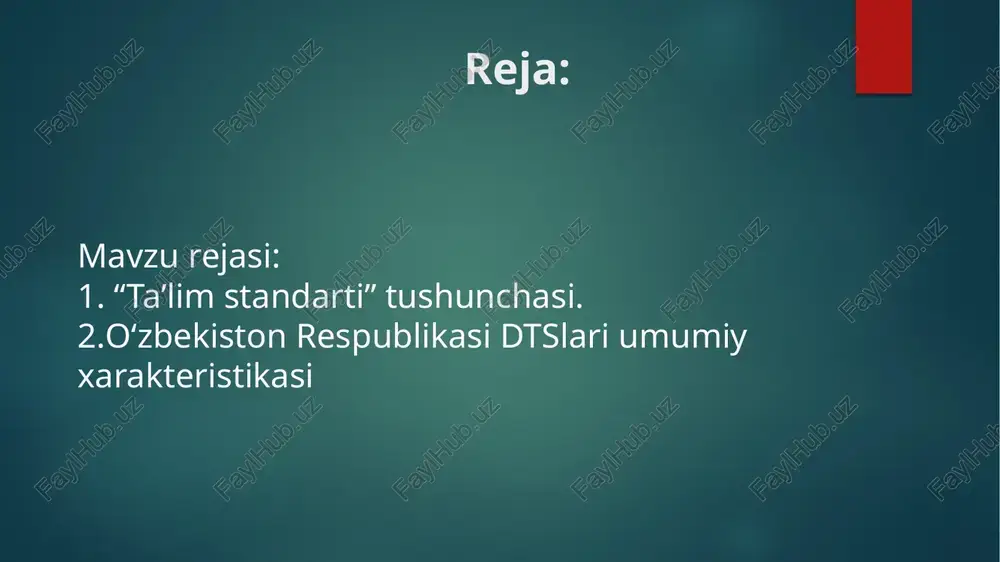 moiy-iqtisodiy islohotlar, rivojlangan xorijiy mamlakatlarning ilg‘or tajribalari hamda ilm-fan va zamonaviy axborot-kommunikatsiya texnologiyalariga asoslangan holda tashkil etish, ma’naviy barkamol va intellektual rivojlangan shaxsni tarbiyalashdan iborat. davlat ta’lim standarti 4 tarkibiy qismdan iborat. umumiy o‘rta ta’lim mazmuni va sifatiga qo‘yiladigan talablarni belgilash bu davlat ta’lim standartining vazifalaridir. davlat ta’lim standartining vazifalari quyidagilardan iborat: -umumiy o‘rta ta’lim mazmuni va sifatiga qo‘yiladigan talablarni belgilash; -milliy, umuminsoniy va ma’naviy qadriyatlar asosida o'quvchilarni tarbiyalashning samarali shakllari va metodlarini joriy etish; -o'quv-tarbiya jarayoniga pedagogik va zamonaviy axborot- kommunikatsiya texnologiyalarini joriy etish, umumiy o‘rta ta’lim muassasalarining o'quvchilari va bitiruvchilarining malakasiga qo'yiladigan talablarni belgilash; -kadrlarni maqsadli va sifatli tayyorlash uchun ta’lim, fan va ishlab chiqarishning samarali integratsiyasini ta’minlash; -ta’lim va uning pirovard natijalari, o'quvchilarning malaka talablarini egallaganlik darajasini tizimli baholash tartibini, shuningdek ta’lim-tarbiya faoliyati sifatini nazorat qilishning huquqiy asoslarini takomillashtirish; -davlat ta’lim standartlari talablarining ta’lim sifati va kadrlar tayyorlashga qo'yiladigan xalqaro talablarga muvofiqligini ta’minlash. davlat ta’lim standarti quyidagi …