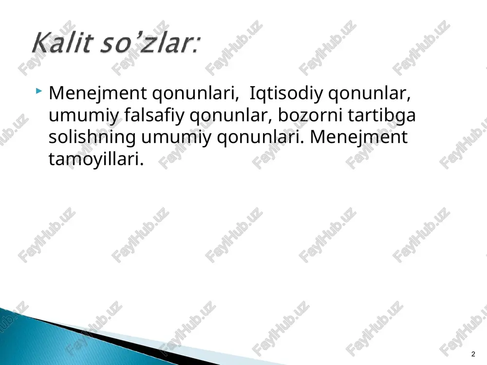 iston respublikasi qishloq va suv xo’jaligi vazirligi. * falsafiy kategoriya bo’lib, borliq voqyealarning barqaror, takrorlanuvchan aloqasi va munosabatini, xodisalar yuz berishining aniq tartibda bo’lishiga olib keluvchi tomonlarini aks ettiradi. qonunlarni bilish rivojlanishning ob’yektiv yo’nalishlarini aniqlash, amaliy vazifalarni hal etish imkonini beradi. shu sababli iqtisodiyotni boshqarish qonunlarni bilash, ularni amalda ustalik bilan qo’llay olishga asoslanishi kerak. iqtisodiyotni boshqarishda qonunlardan qanchalik to’liq va izchil foydalanilsa, mehnat sarfi shunchalik samarali bo’ladi. va, aksincha, boshqarish jarayonida iqtisodiy qonunlarni hisobga olmaslik jamiyat uchun kutilmagan, salbiy oqibatlarga olib keladi. shu sababli boshqaruv qonunlarini o’rganishda faqat amal qilishni emas, balki boshqaruv jarayonida ongli ravishda qo’llanilishni ham ko’zda tutish lozim. boshqaruv qonunlaridan ongli ravishda foydalanishning ko’p jixatdan ularni o’rganish bilan bog’liq. qonunlar qanchalik chuqur o’rganilsa, ulardan amalda to’g’ri foydalanish imkoniyatlari ortadi. iqtisodiy qonunlar tizimi iqtisodiy qonun-larni bilish maqsadlarni belgilash va ularga erishish yo’llarini aniqlash qaror qabul qilish xo’jalik faoliya-tini tashkil etish mavjud qonunlarni, ularning u yoki bu bosqichda …
