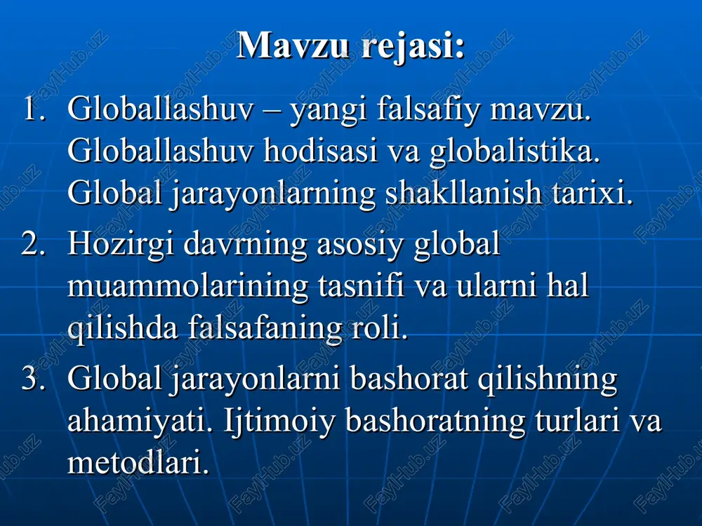odalash uchun qo‘llaniladi. global jarayonlarning shakllanish tarixi. hozirgi globallashuv jarayonlarining ilk nishonalariga xv asr oxirlaridan boshlab duch kelish mumkin, xix asr boshiga kelib esa u amalda real shakl-shamoyil kasb etdi. bu pirovardida yagona geografik, ma’lum darajada iqtisodiy va siyosiy jahon maydoni shakllanishiga olib kelgan buyuk geografik kashfiyotlar yuz bergan davr edi. ayni shu davrda dunyoni tushunishga nisbatan geotsentrik yondashuvlar geliotsentrik yondashuvlarga o‘rin bo‘shatdi, insoniyat esa, nihoyat, kun va tunning almashishini to‘g‘ri talqin qilishga muvaffaq bo‘ldi. fan falsafadan ajralib chiqib, bilimlar to‘planishi va texnikaning rivojlanishiga kuchli turtki berdi, fan-texnika taraqqiyoti va sanoat inqilobi yuz berishiga sabab bo‘ldi. so‘nggi zikr etilgan voqealar pirovard natijada insonning tabiatni o‘zgartiruvchi imkoniyatlari va uning atrof muhit bilan munosabatini butunlay o‘zgartirdi.. fundamental globallashuv. globallashuvning navbatdagi bosqichi dunyo miqyosidagi aloqalar, tuzilmalar va munosabatlar yuzaga kelishi bilan bog‘liq. mazkur jarayonlar natijasida dunyo o‘zining deyarli barcha jihatlarida yaxlit bir butun organizm sifatida uzil-kesil shakllandi. fundamental deb nomlanuvchi bunday globallashuvning ilk …