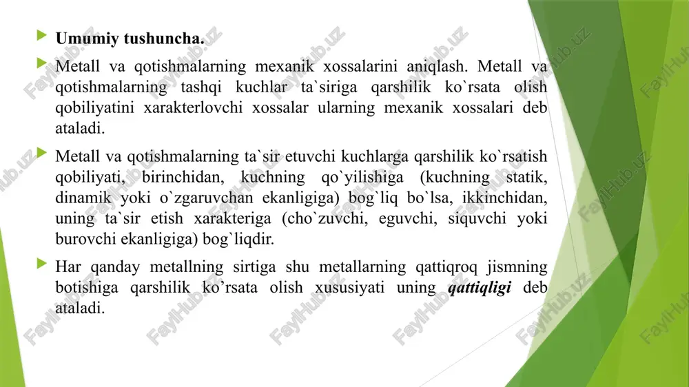 itlangan) metallarning qattiqligini aniqlashda, asosan, sanoatda keng qo’llaniladi. rokvell usulining brinell usulidan farqi shundaki, bu usulda qattiqlik brinell usulidagi kabi shar qoldirgan izning yuzasi bilan emas, balki namuna botirilgan olmos konus yoki toblangan shar qoldirgan izning chuqurligi bilan aniqlanadi. undan tashqari rokvell usuliga namunaga ta’sir etuvchi kuchlanishni keng chegarada ixtiyoriy o’zgartirish mumkin. metallarning qattiqligini rokvell usuli bilan aniqlashda namunaga botirilgan jism izining chuqurligi botirilish jarayonining o’zida o’lchanadi. bu sinashni ancha tezlatadi va osonlashtiradi. metallarning qovushoqligini sinash. ma`lumki, ko`pgina metallar statik kuchlar ta`siriga yaxshi chidasada, dinamik kuchlar ta`siriga yaxshi qarshilik ko`rsata olmaydi. ba`zan, detal bir vaqtning o`zida ham statik, ham dinamik zarb ta`sirida bo`ladi. shunday murakkab kuchlar ta`sirida ishlovchi detallarning zarbiy qovushoqligini sinash amalda katta ahamiyatga egadir. metallarning zarbiy qovushoqligini sinash uchun, sinalishi kerak bo`lgan metalldan o`rta beli bir oz kertilgan kvadrat shaklidagi namuna yasalib, bu namuna kopyorning tayanchlari orasiga rasmda ko`rsatilgandek qilib o`rnatiladi; shundan keyin kopyorning ko`tarilgan mayatnigi namunaga tushirib …