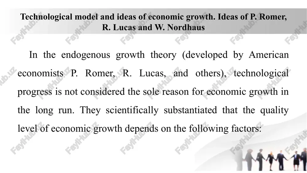 f the romer model the general production function in the romer model is given by: y=kα(aly)1-α where: y – total output (gdp), k – capital stock, ly -labor in the production sector, a – technology level (stock of ideas), α – capital’s share in production (0 < α < 1). this equation implies that production is not only dependent on capital and labor but also significantly influenced by ideas and technological progress. as technology advances, output increases even if capital and labor remain constant equation for the growth of ideas the romer model represents technological progress (the creation of new ideas) using the following equation: ∆a=δlaa where: ∆a – rate of new ideas being created (growth of ideas), la – number of workers engaged in research and development (scientists in r&d), δ – productivity of research and development (r&d efficiency), a – existing stock of knowledge and technology. this equation …