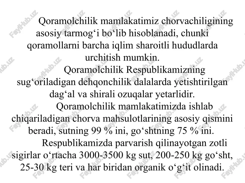 buzoq olib sut ishlab chiqarishning mavsumiyligiga barham berilgan. e) xo‘jalikda uzoq muddat samarali foydalanish imkonini beradi. j) turli yuqumli va gijja kasalliklariga chidamliligi(o‘z vaqtida oldi olinsa). qoramol o‘zining biologik xususiyatlariga ko‘ra tarkibida klechatka ko‘p bo‘lgan o‘simlik ozuqalarini hamda oziq-ovqat chiqindilaridan yaxshi foydalanadi. u oqsilsiz azotli moddalarni hayvonot oqsiliga aylantira oladi va proteinga bo‘lgan talabining birdan uch qismdan ko‘prog‘ini ana shu moddalar bilan qondirishi mumkin. qoramollarni klassifikatsiyasi qoramollarni klassifikatsiyalash zoologik, kraniologik va xo‘jalik foydali belgilariga, qarab amalga oshiriladi. zoologik klassifikatsiyasi. sinfi – sut emizuvchilar turkumi – juft tuyoqlilar kenja turkumi – kavshovchilar oila – qo‘sh shoxlilar qabilasi – buqalar turi – turga mansub yovvoyi tur. yag‘rin balandligi 2 metr. kraniologik klassifikatsiyasi 1. tor peshona bu osiyo qoramollari ajdodlari, qora – ola golland kulrang ukraina qoramollari. 2. keng peshona bu tipga xos qoramollar peshonasi yaxshi rivojlangan, keng va uzun bosh suyagiga ega , simmental zot. 3. kaltabosh, bosh suyagi kalta ko‘z kosasi …