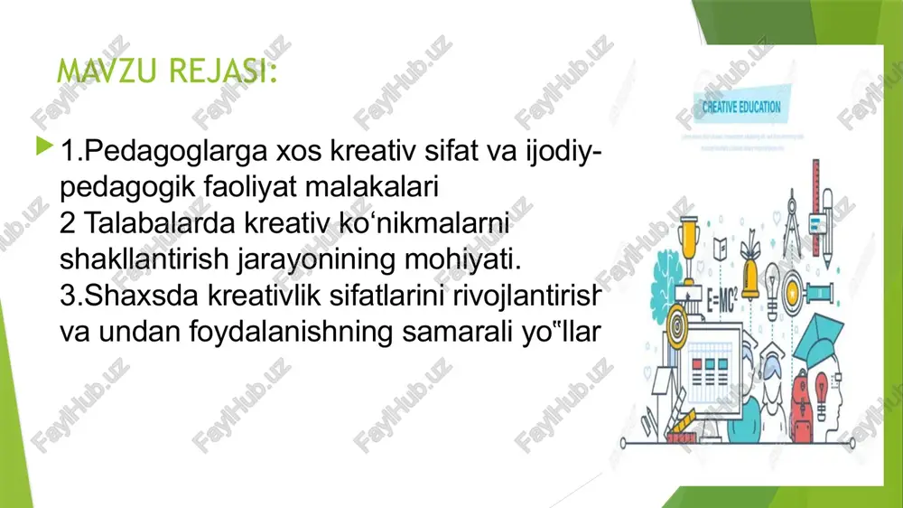 kreativlik intellektual qobiliyatlarning o’ziga xos turi. u shaxsning ijodiy muvaffaqiyati bilan bog’liq. kreativlikni intellektdan ajratib bo’lmaydi. uni diagnostika qilishning ishonchli usullarini ishlab chiqish bo’yicha ishlar olib borilmoqda. kasbiy faoliyatda pedagogning kreativligi turli shakllarda namoyon bo‘ladi. ular quyidagilardir: 1. me’yoriy hujjatlar (o‘quv fanlari bo‘yicha dts, o‘quv dasturi va rejalari)ni tayyorlash; 2. o‘quv manbalari (darslik, o‘quv-metodik va metodik qo‘llanma, tavsiyanoma, lug‘at, ensiklopediya, atlas, ish daftari va b.)ni yaratish ; 3. ta’lim jarayoni va ma’naviy-ma’rifiy ishlar loyihalarini tayyorlash; 4. o‘quv axborotlari, nazorat hamda sinov topshiriqlarini shakllantirish; 5. ta’lim jarayonini qiziqarli, jonli, jo‘shqin tashkil etish; 6. ilmiy-tadqiqotlarni muvaffaqiyatli olib borish; 7. ilmiy va metodik anjumanlarda faol ishtirok etish, chiqishlar qilish; 8. ilmiy, ilmiy-metodik va metodik ishlarni chop ettirish; 9. davriy hisobotlarni topshirish, attestatsiyadan o‘tish; ijodkorlik – muayyan yangilikning ahamiyati va foydali ekanligini belgilovchi shaxs faoliyati va uning natijasi; ijodkor shaxs – ijodiy jarayonni muvaffaqiyatli amalga oshira oladigan hamda aniq ijodiy natija (mahsulot)larga ega shaxs …