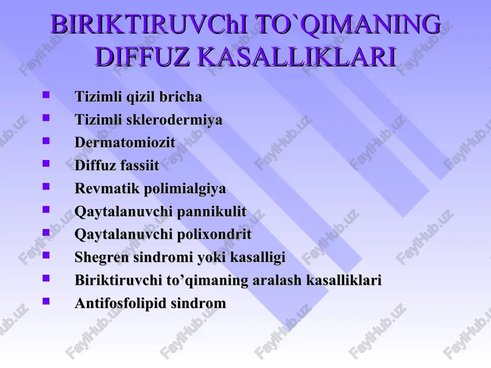 z ko’rinishida bo`ladi. tqb ning klinik belgilari teri zararlanishi– 90% bemorlarda 20-25% holatlarda teri sindromi kasallikning dastlabki belgisi. tayanch-harakat tizimining zararlanishi – artralgiyalar – artritlar 90-100% bemorlarda mialgiyalar – 35-45% bemorlarda yurak zararlanishi – perikardit miokardit libman – saks endokarditi pankardit o`pkalar zararlanishi 50-80% - quruq va ekssudativ plevrit lyupus pnevmonit oshqozon-ichak yo`llari zararlanishi – 50% hollarda buyraklar zararlanishi nefrit minimal peshob sindromi bilan nefrit nefrotik sindrom bilan faol lyupus-nefrit ifodalangan peshob sindromi bilan 1/3 bemorlarda asab tizimi zararlanishi periferik va bosh miyadan chiquvchi nervlar – 1/3 bemorlarda xoreya tirishish sindromi ruxiy buzilishlar organik miya simptomlari tizimli qizil bo`richa tashxisiy mezonlar: 1. yanoq soxasidagi toshmalar. yanoq yoyida joylashgan, burun-yonoq burmasiga tarqalish tendensiyasiga ega. yassi yoki bo`rtib turuvchi eritema. 2. diskoid toshmalar. teri buzilishlariga ega bo`rtib turuvchi eritramatoz toshmalar. eski o`choklarda esa atrofik chandiqlar uchraydi. 3. fotosensibilizasiya. anamnezida yoki vrach kuzatuvida kuyosh nurlanishiga noodatiy reaksiya natijasida terida toshmalar paydo buladi. 4. …