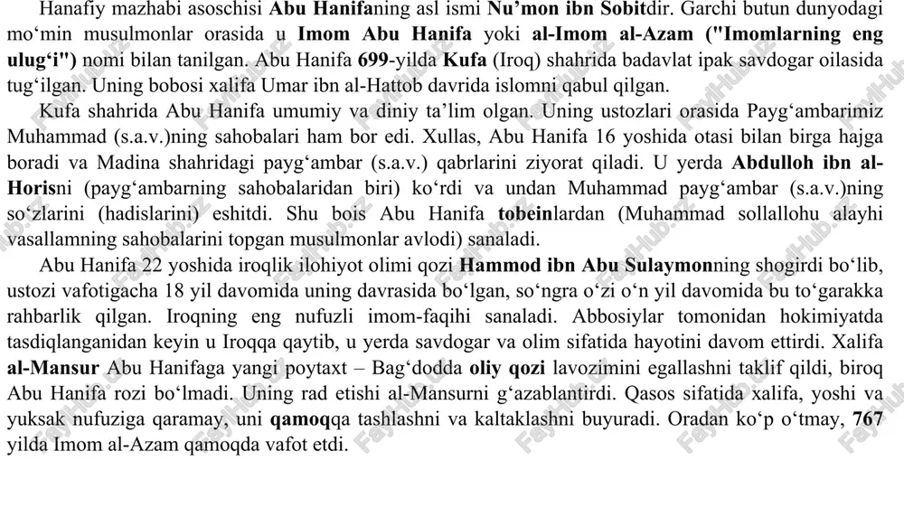 qamoqqa tashlashni va kaltaklashni buyuradi. oradan ko‘r o‘tmay, 767 yilda imom al-azam qamoqda vafot etdi. ushbu mazhab o‘z mohiyati, ta’limoti va qo‘llagan uslubi bilan jamiyatda yuz berib turadigan har qanday savolga javob topa oladi. bu shundan kelib chiqadiki, hanafiy mazhabi yangi vujudga kelgan diniy masalaning yechimi qur’on va hadisda mavjud bo‘lmasa, qiyos va uning eng muhim turi bo‘lmish istehsonga tayanib ish olib boradi. abu hanifa og‘ir vaziyatlarda odamlar uchun qulay sharoit yaratib berib, qiyinchiliklarini oson qilishga uringan. abu hanifa erkinlik tamoyilining homiysi edi, tijorat va boshqa sohalarda inson huquqi va erkinliklarini himoya qilib keldi. masalan, turmush qurishda erkak va ayolga teng huquq berilib, oqil va balog‘atga yetgan qiz va ayollarni hech kim ularning roziligisiz nikoh qilishga majburlay olmaydi, nikoh shartnomasi qizning valiysi (ota, buva, amaki, aka, uka) bo‘lmasa ham uning o‘z so‘zi bilan bog‘lanadi. bugungi kunda markaziy osiyo musulmonlarining aksari hanafiylik mazhabiga ergashadi. ayni damda mazkur maktab hindiston, pokiston, afg‘oniston, …