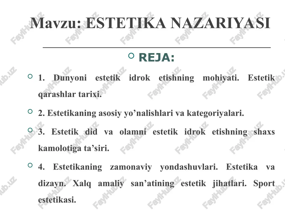 a olisdan o’rab turgan biologik muhitning hayotimizni go’zallashtirishdagi, umuman, estetiklashtirishdagi ahamiyatini tadqiq etsa, uni insonni “tabiiylashtirish” vositasi sifatida olib qarasa, texnika estetikasi, aksincha, bugungi kunda bizga eng yaqin bo’lgan noosferani – texnikaviy muhitni muntazam “insoniylashtirib” borish muammolarini o’rganadi. inson doimiy ravishda ravnaq topib boradigan mavjudot, uzoq davom etgan insoniy taraqqiyotning mahsuli, ya’ni tosh asridagi va hozirgi odam, garchand ikkalasi ham odam deb atasakda, bir-biridan farq qiladi. zamonaviy odam aqlan, axloqan nisbatan yuksak darajaga ko’tarilgan, jismonan esa – go’zallashgan. texnikani ana shu go’zallashgan inson yaratgan. shu o’rinda imom g`azzoliyning inson va uning ijodiga nisbatan aytgan: “yaratilgan yaratganiga o’xshaydi”, degan so’zlarini yana bir bor eslaylik. alloh insonni yaratib, uni o’ziga o’xshashini istasa, inson ham o’z ijodi mahsulining o’ziga o’xshash bo’lishini xohlaydi. texnika inson ijodining mahsuli sifatida inson qanchalik nozik, qanchalik aqlli, qanchalik go’zal bo’lsa, shunga qarab o’zgarib boradi. estetika fanining zamonaviy muammolari estetik dunyqarashga salbiy ta`sir ko`rsatuvchi omillar estetik tarbiyaning omillari: oila. …