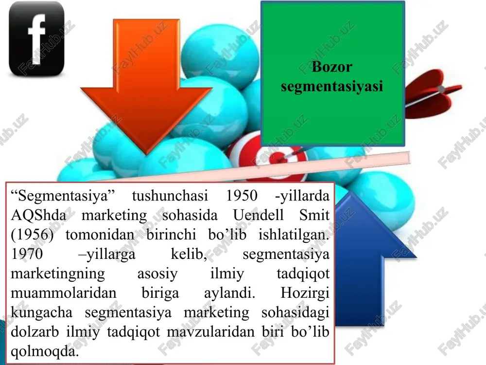 a bo’lishi kerak. segmentasiyaning eng keng tarqalgan mezonlari bo’lib qo’yidagilar hisoblanadi: segmentning miqdoriy o’lchamlari, ya’ni: bozor sig’imi (qancha mahsulot va qanday umumiy qiymatda sotilishi mumkin), nechta potensial iste’molchilar bor va ular qanday maydonda yashaydilar. bulardan kelib chiqqan holda korxona mazkur segmentga qanday ishlab chiqarish quvvatlarini yo’naltirishi, sotish tarmog’ining o’lchamlari qanday bo’lishini aniqlab olishi kerak. korxona uchun segmentning ochiqligi deb korxonaning mahsulotni sotish va taqsimlash kanallariga ega bo’lish imkoniyatlari, mazkur bozor segmentida mahsulotlarni transportirovka qilish va saklash shartlariga aytiladi. 8 segmentning muhimligi u yoki bu iste’molchilar guruhini bozor segmenti sifatida qarash mumkinmi, asosiy umumlashtiruvchi belgilar bo’yicha u qanchalik mustahkam ekanligini ko’rsatadi. bozorning mazkur segmenti o’suvchi, mustahkam yoki kamayuvchi ekanligini, ishlab chiqarish quvvatlarini unga yo’naltirish mumkinligini aniqlash kerak. foydalilik ajratilgan bozor segmentida ishlash korxona uchun qanchalik rentabelli bo’lishini ko’rsatadi. u yoki bu bozor segmentining foydaliligini baholash uchun tegashli ko’rsatkichlarni hisoblashning odatdagi usullaridan foydalaniladi — foyda me’yori, qo’yilgan kapitaldan daromad, aksiya dividendlarining miqdori …