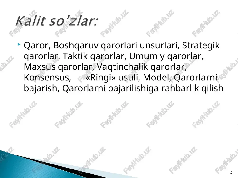 et saytlari www.samqxi.uz – samarqand qishloq xo’jalik instituti veb-sahifasi www.lex.uz – o’zbekiston respublikasi qonun hujjatlari ma’lumotlari milliy bazasi. www.uzreport.com – axborot agentligi. www.agro.uz – o’zbekiston respublikasi qishloq va suv xo’jaligi vazirligi. * * bajarilishi lozim bo’lgan ishning aniq bir yo’lini tanlab olishdir u yoki bu yo’lni tanlab olishda bir to’xtamga yoki muayyan bir fikrga kelishdir * mavjud holatning bo’lishi lozim bo’lgan holat bilan mos tushmasligi natijasida yuzaga keladi * qabul qilingan qaror reja, topshiriq, buyruq, farmon va farmoyishlar orqali yuridik kuchga kiritiladi va amalga oshiriladi. * boshqaruvchining fikri-zikrini doim band qilib turadigan tashvishdir. boshqaruvchi juda xilma-xil masalalar yuzasidan – ishlab chiqarish va kadrlarga oid, tashkiliy va xo’jalik masalalari yuzasidan qarorlar qabul qiladi. boshqaruvchi qarorni yakka boshchilik asosida, yordamchilarni va jamoatchilikni jalb qilib qabul qilishi mumkin. boshqaruvga oid har qanday qaror samarali bo’lsagina, u maqsadga muvofiq deb hisoblanadi. tashkilot rahbarining tashkilot oldidagi maqsadga erishish uchun o’z vakolati va omilkorligi doirasida qarorning …