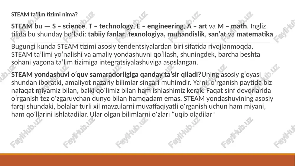 di va boshqalar bilan hamkorlik qilishni o‘rganadi. ushbu ko‘nikmalar va bilimlar asosiy ta’lim vazifasini tashkil etadi, ya’ni. bu butun ta’lim tizimi nimaga intilishini. ta’limga ushbu yangi yondashuv qanday paydo bo‘ldi?bu nazariya va amaliyotni birlashtirishning mantiqiy natijasidir. steam amerikada ishlab chiqilgan. ba’zi maktablar bitiruvchilarning martabalarini e’tiborga olishdi va fan, texnologiya, muhandislik va matematika kabi fanlarni birlashtirishga qaror qilishdi va stem tizimi shu tarzda shakllandi. (fan, texnika, muhandislik va matematika). keyinchalik bu erda art qo‘shildi va endi steam oxirigacha shakllandi. o‘qituvchilar ushbu mavzular, aniqrog‘i ushbu fanlardan bilimlar kelajakda talabalarning yuqori malakali mutaxassis bo‘lib etishishiga yordam beradi, deb hisoblashadi. oxir oqibat, bolalar yaxshi bilim olishga intilishadi va uni darhol amalda qo‘llashadi. dunyo o‘zgarib bormoqda, hatto ta’lim bir joyda turmasa ham. so‘nggi o‘n yilliklardagi o‘zgarishlar yoqimli, ammo shu bilan birga bizni havotirlantiradi. ushbu yangi narsalarning ixtiro qilinishi bilan odamlar ilgari duch kelmagan ko‘plab yangi muammolar mavjud. har kuni yangi ish turlari va hattoki butun …