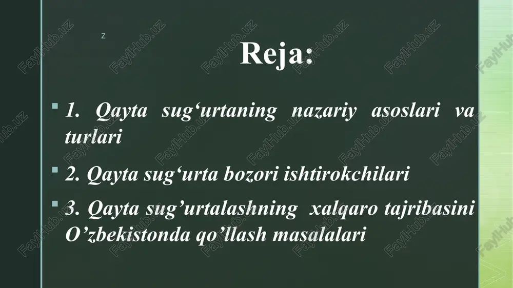 joylashtirish). qayta sug‘urtalash orqali sug‘urtalovchi muvozanatlashgan sug‘urta portfelini yaratish va sug‘urta operatsiyalarini moliyaviy barqarorligini ta’minlash maqsadida qabul qilib olingan riskni bir qismini o‘zaro kelishilgan holda boshqa sug‘urtalovchiga berishi (riskni ikkilamchi joylashtirish). qayta sug‘urtalash operatsiyalari bilan bir qatorda asosan, ixtisoslashgan qayta sug‘urtalash kompaniyalari amalga oshiradi. z z qayta sug‘urtalovchi broker sug‘urta kompaniyasi va qayta sug‘urtalovchi kompaniyasi o‘rtasida vositachi vazifasini o‘taydi. sedent atamasi riskni ikkilamchi joylashtirishni amalga oshiruvchi sug‘urta kompaniyasi. ikkilamchi sedent retrotsedent deb ataladi. sessiya – sug‘urta riskini qayta sug‘urtalashga berish jarayonidir. qayta sug‘urta shartnomasi dastlab tenul shahrida, 1970 yilda, ikki savdogar o‘rtasida tuzilgan. qayta sug‘urta shartnomasining predmetini asosini sug‘urtachining to‘g‘ridan to‘g‘ri sug‘urta shartnomasi asosida qabul qilingan zararni to‘lash riski tashkil qiladi. hozirgi zamon texnikaviy o‘zgarishlar va qayta sug‘urta imkoniyatlarining kengayishi qayta sug‘urta sohasida ham jiddiy o‘zgarishlarga sabab bo‘lmoqda qayta sug‘urtalovchi - sug‘urta brokeri yordamida qayta sug‘urtalash uchun riskni qabul qilib oladigan jismoniy yoki yuridik shaxs. qayta sug‘urtalovchi yordamida riskni ikkilamchi …