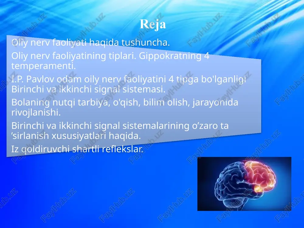 modda o’tkazuvchi yo'llarni hosil qiladi. ular bosh miyani orqa miya bilan, shuningdek miyaning qismlarini bir-biri bilan bog'laydi. miyaning tuzilishi orqa miyaning qo’l va oyoqlarga nervlar bo’linadigan joyida bo’yin va bel yo’g’onliklari mavjud. orqa miyaning tuzilishi. orqa miya uzun tasma shaklida bo’lib, uning uzunligi voyaga yetgan odamlarda 45 sm.gacha yetadi. yuqoridan uzunchoq miyaga tutashgan bo’lib, pastdan 1-2 bel segmentlarigacha yetib boradi, u toraya boradi va konus shaklidagi oxirgi iplar bilan tamom bo’ladi. orqa miya ko’ndalang kesilganida undagi tor markaziy kanal ko’kimtir modda bilan o’ralganligi ko’rinadi va ular oldingi va keyingi shoxlarni hosil qiladi. ko’krak qismidagi oldingi va keying shoxlarining orasida yonbosh shoxlar joylashgan bo’ladi. kulrang modda atrofida oldingi, keyingi va yonbosh arkonchalar shaklidagi oq moddaning bog’lamlari joylashadi. orqa miyaning ikki sigmenti. 1-orqa miya nervining oldingi shoxi; 2- orqa miya nervi; 3-umurtqalar aro bog’; 4-keyingi shox; 5-kulrang modda; 6- orqa miyaning oq moddasi. oorqa miya tuzilishi orqa miyaning kulrang moddasining yon shoxlarida …
