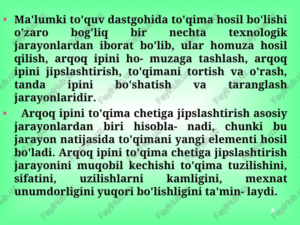 ikastlanishi kamroq bo'lishi uchun batan mexanizmining harakat yo'li muqobil bo'lishi kerak; − arqoq ipini jipslashtirish keskin emas balki bir me'yorda kechishi kerak; − batan mexanizmini og'irligi etarli darajada muqobil bo'lishi bilan birga bar- cha texnologik va texnik jarayonlarni bajarishga etarli bo'lishi kerak; − mexanizm pishiq, tuzilishi jihatidan sodda,yuxizmat ko'rstish tomonidan qulay va ishchilar uchun xavfsiz bo'lishi kerak. batan mexanizmlarini harakat uzatmasiga qarab krivoship - shatunli va kulachokli batan mexanizmlariga bo'linadi. ta'lim ma+sadlari * mokili to'quv dastgohini batan mexanizmi mokili to'quv dastgohini batan mexanizmi quyidagi vazifalarni bajaradi: - arqoq ipini to'qima chetiga jipslashtirish; - to'qimani tanda ipi bo'yicha zichligini ta'minlash; - to'qima enini bir tarzda saqlash; - moki uchun yo'naltiruvchi vazifasini o'tash; - arqoq ipini to'qima chetiga jipslashtirish vaqtida mokini xomuzadan tashqari- da bo'lishini ta'minlash; ta'lim ma+sadlari * ta'lim ma+sadlari * batan mexanizmlari tuzilishiga qarab quyidagi turlarga bo'linadi: 1. krivoship-shatunli (asosan mokili dastgohlar uchun); 2. kulachokli (mokisiz dastgohlar uchun). krivoship-shatunli batan …