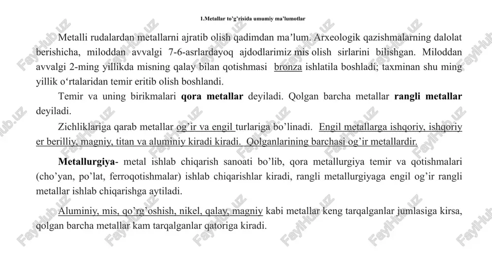 simob suyuq metal, elektrotexnikada, termometrlarda ishlatiladi. qalay yuqori antikorrozion xususiyatga ega. shuning uchun temirni qalaylashda ishlatiladi. qo’rg’oshin kabellar sirtini qoplashda, podshipnik qotishmalarini olishda, akkumulator plastinkalarini olishda, yadro texnikasida ishlatiladi. xrom korroziyaga chidamliligidan temir va misni qoplashda ishlatiladi. molibden va volfram qiyin eriydigan metalllar qatoriga kirib, elektrolanpalar simlarini tayyorlashda ishlatiladi. metallarning olish usullari asosan kuydirish va regeneratsiya usullaridan foydalaniladi. oksidlardan qaytarish co yordamida amalga oshiriladi: meo + co = co2 + me shu bilan birga metallurgik reaktsiyalar yordamida qaytarishdan ham foydalaniladi. bunda asosan arzon metallar ai, ti kabilar ishlatiladi 4cao +2 ai = 3 ca + ca(aio2)2 tici4 + 2 mg = 2 mgci2 + ti shu bilan birga vodorod yordamida qaytarish ham keng yo’lga qo’yilgan: meo + h2 = h2o + me sanoatda suvli eritmalarni elektroliz qilish usuli ham keng qo’lanilmoqda. bu usulda berilliy, magniy, kaltsiy, aluminiy va tantallar olinadi. temir kumushsimon oq plastik metall, nisbatan yumshoq, og'ir (r = …