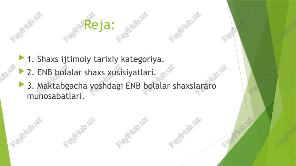 rlar, ideallar tizimiga ega bo'lishi ko'zda tutiladi. yangi tug'ilgan chaqaloq ijtimoiy mavjudot bo'lsa ham, uni shaxs deb bo'lmaydi. bola shaxsi kattalar bilan muloqotda insoniyatning ijtimoiy tajribasini egallash jarayonida shakllanadi'.kar bola shaxsining shakllanishi o'ziga xos xususiyatlarga ega bo'ladi. birinchidan, kar bola eshituvchi odamlar bilan muloqotda cheklangan bo'ladi, bu ma'lumotni egallash jarayonini sekinlashtiradi. ikkinchidan eshitish analizatorining faoliyatini buzilishi emotsional rivojlanishida muhim ahamiyatga ega bo'lgan akustik olam (inson ovozi, qushlar sayrashi, musiqiy ovozlar) anglash imkonidan mahrum qiladi. uchinchidan eshituvchi bolalardan farqli eshitishda nuqsoni bo'lgan bolalar insonlarning ijtimoiy tajribasini egallashdan maxrumdir. maxsus bog'cha va maktablarga qadar eshitishda nuqsoni bo'lgan bolalar rivojlanishi sekin tempda amalga oshadi. muloqot qiyinchiligi va eshituvchilar bilan muloqotining cheklanishga ularning umumiy rivojlanishiga salbiy ta'sir ko'rsatadi. xarakterning ayrim xususiyatlari, shaxs qirralari kabi maxsus tashkil etilgan ijtimoiy sharoitlarda amalga oshadi. sog'lom odamlar ichida yashab kar bola eshituvchi tengdoshlariga nisbatan oʻzgacha munosabatni sezadi, bu unda shaxs qirralari shakllanishiga salbiy ta'sir ko'rsatadi. k.obunovskiy tadqiqotlarida 80-130 …