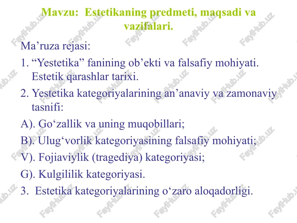 omdagi o‘z nomiga ega emasdi. baumgartenning bu boradagi hizmati shundaki, u «his qilish», «sezish», «his etiladigan» singari ma’nolarni anglatuvchi yunoncha aisthetikos–«oyestetikos» so‘zidan «estetika» (olmoncha «yestetik»- «eshtetik») iborasini olib, ana shu bo‘shliqni to‘ldirdi. baumgarten estetikani hissiy idrok etish nazariyasi sifatida ilgari surdi. lekin, ko‘p o‘tmay, u goh «go‘zallik falsafasi», goh «san’at falsafasi» sifatida talqin etila boshlandi. estetika fanining eng buyuk nazariyotchilaridan biri gegel esa o‘z ma’ruzalarining kirish qismida yozadi: «estetika» degan nom muvaffaqiyatsiz chiqqani va yuzaki ekani sababli boshqa atama qo‘llashga urinishlar bo‘ldi. so‘zning o‘z-o‘zicha bizni qiziqtirmasligini nazarda tutib, biz «estetika» nomini saqlab qolishga tayyormiz, buning ustiga, u odatiy nutqqa singishib ketgan. shunga qaramay, bizning fanimiz mazmuniga javob beradigan ibora, bu– «san’at falsafasi» yoki yana ham aniqroq qilib aytganda- «badiiy ijod falsafasi». nafosat tushunchasi va uning mohiyati nafosat. nafosat bir tomonlama, real voqelikni, ikkinchi tomondan ilmiy tushunchani anglatadi. u real voqelik sifatida inson hayotining barcha sohalarini nurlantirib turuvchi qamrovli ma’naviy hodisa, …