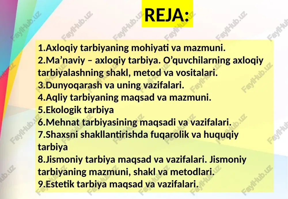 ng shakllaridan biri, ijtimoiy tartib-qoida bo’lib, bu tartib-qoida ijtimoy hayotning barcha sohalarida kishilarning xatti-harakatini tartibga solish vazifasini bajaradi. axloq omma faoliyatini tartibga solishning boshqa shakllari (o’quv, ishlab chiqarish, xalq anhanalari) da o’z talablarining asoslanishi, amalga oshirilishi va omma fikri asosida tartibga solinishi bilan farq qiladi. axloq talablari barchaga taalluqli, biroq hech kim-ning ko’rsatmasi, hech qanday maxsus buyruq asosida bajarilmaydigan, ixtiyoriy amalga oshiriladigan burch shakliga kiradi. axloq talab-larining bajarilishi faqat ma’naviy ta’sir ko’rsatish shakllari doirasida yuz beradi. what are the religious and moral assessment? religious and moral education of children and young people's knowledge and assessment of the outlook. readers as part of a research study to collect evidence and to practice their traditions, beliefs and values, through the use of a specific assessment vazifalarnidan skills. in addition, since the early years of the evaluation of the knowledge and skills of children and young people to discuss the further development of …