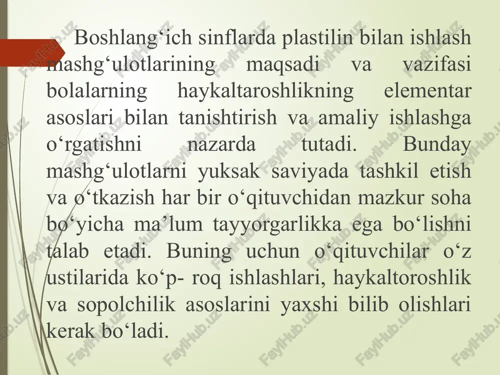 un juda qulay bo‘lib, ayrim xususiyatlariga ko‘ra, bir-biridan ajralib turadi. masalan, plastilin rang-barangligi va doimo ishga tayyor holda ekanligi bilan ajralib turadi. lekin asosiy kamchilik shundaki, plastilin issiqda tez erib ketadi va o‘zining qayishqoqlik xususiyatini yo‘qotadi. bundan tashqari plastilindan ishlangan haykalchalarni ochiq joyda saqlash juda qiyin. undan asosan kichik modellarni yasashda foydalaniladi. u sun’iy plastik massa bo‘lib, loydan hech qachon qurimasligi bilan farqlanadi. plastilinning har xil: oddiy va murakkab turlari bo‘lib, ularni tayyorlashning bir nechta variantlari bor. birinchi variant – toza quyuq loyga glitserin qo‘shib bir turli massa hosil qilguncha aralashtiriladi. glitserin tayyorlanayotgan massa qo‘lga yopishmaydigan holatga kelguncha qo‘shiladi. ikkinchi variant - quritilgan toza loy mayda qilib tuyuladi va unga vazelin qo‘shib, qo‘lga yopishmaydigan quyuq massa hosil bo‘lguncha aralashtiriladi. plastilinga kerakli rangdagi quruq bo‘yoq massasi qo‘shib va puxta aralashtirib bo‘yash mumkin. uchinchi variant - 1 qism tuproqqa1/5 qism ilitilgan mum hamda plastilin qo‘lga yopishmaydigan darajaga yetguncha glitserin qo‘shib aralashtiriladi. plastilin …