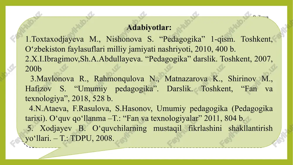 maliyotining rivojlanganligi va imkoniyatlari bilan bog’liqlikda aniqlashtiriladi; ta’lim mazmunini belgilashda ta’limning ijtimoiy ehtiyojlari va maqsadlari; ijtimoiy va ilmiy-texnik taraqqiyot sur’ati; o'quvchilarning yoshi imkoniyatlari; ta’lim nazariyasi va amaliyotining rivojlanish darajasiga asoslaniladi; ta’limning sifati avvalgi bosqich mahsuldorligi va hozirgi bosqichda erishilgan natijalar; o‘rganilayotgan material xususiyati va hajmi; o'quvchilarga tashkiliy-pedagogik ta’sir ko'rsatish: o'quvchilarning bilim olishga qobiliyatlari va ta’lim vaqtiga bog’liq; ta’lim metodlari samaradorligi ta’lim maqsadiga; o'quvchilarning yoshi, ta’lim olish imkoniyatlariga; ta’lim muassasasining moddiy-texnik ta’minotiga bog’liq; ta’limni boshqarish samaradorligi ta’lim tizimida qayta aloqalarning intensivligi va korrektsiyaga, ta’sir ko'rsatishning asoslanganligiga bog’liq; ta’limda rag‘batlantirish samaradorligi ichki va tashqi stimullarning o'zaro uyg'unligiga bogiiq. ta’lim tamoyillari o‘qitish asosida yotadigan, ta’lim va uni tashkil etish jarayonini tashkil etish mazmuni, shakl, metod va vositalarini tanlanishini belgilaydigan boshlang‘ich asoslardir. ta’lim tamoyillarini shartli ravishda ikki guruhga ajratish mumkin: ta’limning mazmunga aloqador va tashkiliy-metodik tamoyillari. ta’lim tamoyillarini shartli ravishda ikki guruhga ajratish. ta’lim mazmuniga aloqador tamoyillarga quyidagilar kiradi: -insonparvarlashtirish; -tabiat bilan uyg’unlik; madaniyat …