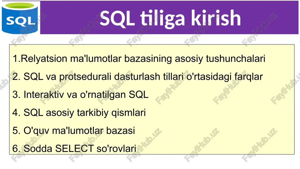 umotlar bazasining asosiy tushunchalari munosabat domeni - bu muayan bir atributning qiymatlarini qabul qilishi mumkin bo’lgan qiymatlarning to'plami. ya'ni, istalgan vaqtda jadvalda mavjud bo'lgan atributlarning ma'lum bir to'plami, bu atribut aniqlanadigan domen qiymatlari to'plamining qismiy to ‘plami bo'lishi kerak. umuman olganda, har xil atributlarning qiymatlari bitta domenda aniqlanishi mumkin. domenlar har xil atributlarning qiymatlarini solishtirish operatsiyalariga cheklovlar qo'yishi muhim hisoblanadi. bu cheklovlar shundan iboratki, faqat aynan bitta domenda aniqlangan atributlar qiymatlari bir -biri bilan taqqoslanishi mumkin. 7 1. relyatsion ma'lumotlar bazasining asosiy tushunchalari munosabat domeni - bu muayan bir atributning qiymatlarini qabul qilishi mumkin bo’lgan qiymatlarning to'plami. ya'ni, istalgan vaqtda jadvalda mavjud bo'lgan atributlarning ma'lum bir to'plami, bu atribut aniqlanadigan domen qiymatlari to'plamining qismiy to ‘plami bo'lishi kerak. umuman olganda, har xil atributlarning qiymatlari bitta domenda aniqlanishi mumkin. domenlar har xil atributlarning qiymatlarini solishtirish operatsiyalariga cheklovlar qo'yishi muhim hisoblanadi. bu cheklovlar shundan iboratki, faqat aynan bitta domenda aniqlangan atributlar qiymatlari …