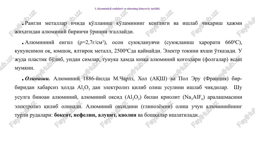 b apatitli kontsentrat olinadi. qolgan chiqindisi–qoldig'i flotatsiyalanib nefelinli kontsentratga (tarkibida 30%gacha al2o3 saqlaydi) aylantiriladi. alunit - (na,k)2so4·al2(so4)·4al(oh)3 rudasi tarkibida 20%-gacha al2o3 saqlaydi. o'zbekistonda alunit koni ohangaronda joylashgan. kaolin - al2o3·2sio2·2h2o rudasi toza holda kam uchraydi, tarkibida asosan, qum va boshqalar bilan ifloslangan holda keng tarqalgan sarg'ish, qo'ng'ir rangli bo'ladi. kaolin koni angrenda – oltintov va bukatovdadir. ruda tarkibiga qarab glinozyomni (al2o3) ajratib tozalab olish uchun ishqoriy, kislotali, elektrotermik usullardan foydalaniladi ho'l ishqoriy usul. 1886-yilda rossiyada k.i. bayer tomonidan kashf etilgan bo'lib, bayer usuli ham deyiladi. bu usul ruda tarkibidagi al2o3 ni ishqor bilan eritib eritmani erimaydigan qo'shimchalardan ajratib olishga asoslangan. bu usulda 5% gacha sio2 saqlovchi boksitni qayta ishlash iqtisodiy jihatdan samarali bo'lib, bundan ortiq bo'lsa, anchagina a2o3 va naoh yo'qotiladi. bu usulda alyuminiy oksidini olish to'rt bosqichda amalga oshiriladi. birinchi bosqichi, xomashyoni tayyorlash. bunda boksit dag'al maydalanadi va sharli maydalagichda ishlatilgan ishqor eritmasi ishtirokida yana maydalanadi (suyuqlikda maydalanadi) kukun …