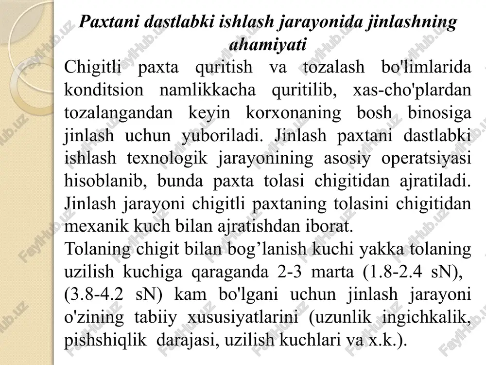 , tolalar ishchi valikda kuchli gajaklanib, ularda nuqsonlar paydo bo'ladi. jinlash jarayoniga qo'yiladigan talablar chigitli paxtani jinlashda quyida gi talablar bajarilishi lozim: chigitlardan yigirishga yaroqli tolalarning xammasini ajratish, jin ishchi organlari ning tolaga ta'siri natijasida tola va chigitda nuqsonlar paydo bo'lmasligi; chigitli paxta bo'laklari jindan chi?ayotgan tola yoki chigitga qo'shilib ketmasligi; chiqayotgan chigitni tukliligini va ulyukdagi tola miqdorini rostlash imkoniyati bo'lishi kerak. jinlash jarayonida tolani iflosliklardan qisman tozalash va toladan ulyukni ajratish bilan birga quyidagi nuqsonlar paydo bo'lishi mumkin: chigit po'choqining bo'lakchasi yopishgan tolalar, uzilgan va shikastlangan tolalar, tugunchalar, buralib holgan tolalar, gajaklar, puch chigitlar. jinlash nuqsonlarini paydo qilmaslik uchun jinlarni va undan oldingi boshqa mashinalarni texnologik talablarga muvofiq ishlatish va ularni doim soz holda saqlash kerak. jinlash jarayoning turlari valikli jinlash korxonasida paxta navining uzun tolalilari, ya'ni ularning i,ii va iii navlariga ishlov beriladi, arrali jinlar ishlatiladi gan korxonalarda esa, o'rta tolali paxta navlarining hammasi va uzun tolali paxta …