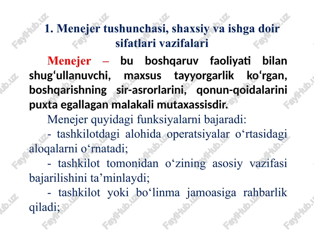 rni to‘playdi, ularni tarqatadi va nihoyat tashkilotning maqsadlarini tushuntirib beradi. - menejer tashkilotning ichidagi va tashqarisidagi munosabatlarni shakllantiruvchi, tashkilot a’zolarini maqsadlarga erishishga undovchi, ularning harakatlarini muvofiqlashtiruvchi, tashkilotning vakili sifatida harakat qiluvchi rahbar sifatida bo‘ladi. menejer boshqaruvchi diplomat murabbiy innovator tadbirkor inson menejerlar boshqaruv pog‘onasiga binoan uch toifaga bo‘linadi: yuqori daraja menejerlari tashkilot istiqbolini belgilash, uning kelajagi uchun ahamiyatli chora-tadbirlarni ishlab chiqish bilan shug‘ullanadi. butun tashkilot uchun qaror qabul qilishga mas’ul. ushbu menejerlar soni boshqa bo‘g‘in menejerlariga qaraganda ancha kam. ularning mehnati yuqori baholanadi va qoidaga ko‘ra yaxshi haq to‘lanadi. o‘rta daraja menejerlari kichik boshliqlar ishini muvofiqlashtiradi va nazorat qiladi. odatda ular tashkilotdagi yirik bo‘linmalarni boshqaradilar hamda yuqori va quyi daraja rahbarlari o‘rtasida o‘ziga xos aloqa vazifasini bajaradilar. quyi daraja menejerlari bevosita ishchi va xodimlarga rahbarlik qiladi. quyi bo‘g‘inda, ya’ni bo‘lim, brigada ishni tashkil qilish, kunlik, oylik ish topshiriqlarini bajarilishini boshqarib boradi. yuqori darajadagi menejerlarga ish vaqtining quyidagi tuzilmasi tavsiya etiladi: …