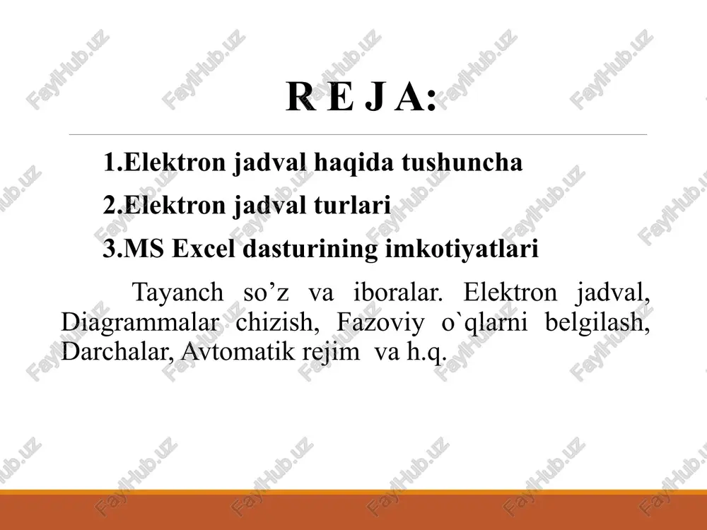 siya masalalarini yechish - ma’lumotlarni statistik qayta ishlash; - slayd-shou yaratish; - makrokomandalar yaratish, ishlash muhitini foydalanuvchi ehtiyojiga moslashtirish va x.k. elektron jadval turlari xozirgi paytda ularning bir necha turlari mavjud: supercalk, quattro pro, lotus 1-2-3 excel shular jumlasidandir. hozirgi paytda eng keng tarqalgan va ishlatiladigan jadval protsessori ms excel bo`lib, u barcha microsoft office turidagi dasturviy ta’minotning ajralmas qismi sifatida keng miqyosda tarqalgan ms excel dasturining turlari excel 1.0, excel 2.0, excel 3.0, excel 5.0, excel 7.0, excel 97, excel 2000, excel 2002, excel 2003, excel 2007, excel 2010, excel 2013, excel 2016, excel 2019 ms excel dasturining imkotiyatlari har doim excel dastursi ishga tushirilganda, avtomatik tarzda book 1 ya’ni “kniga 1” nomli yangi ish xujjati hosil bo`ladi. ms excel dasturida yaratilgan hujjat qisqartmasi .xls deb yuritiladi. ishchi menyular windows xp ot ms excel 2003 yilgacha bo’lgan rusumlarida ishchi menyular 9 ta deb ko’rsatilgan. bular. fayl, pravka, vid, vstavka …