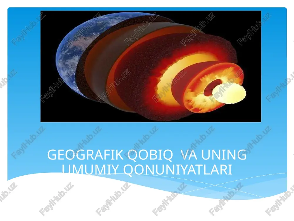 atlari moddalar qattiq, suyuq va gazsimon holatda uchraydi quyosh energiyasi issiqlik va mexanik energiyaga aylanadi geografik qobiqda yangi hosilalar sodir bo’ladi tirik organizmlar uchun sharoit mavjud issiqlikning o’zgarishi va to’planishi yuz beradi o’ziga xos qonuniyatlar asosida rivojlanadi geograﬁk qobiqning bir butunligi qonuniyati muhim qonuniyatlardan biri bo‘lib, barcha komponentlarning bir-biri bilan chambarchas bog‘liqligi va ulardan birining o‘zgarishi butun qobiqning yaxlitligini buzilishiga olib kelishida namoyon bo‘ladi. chunki, geografik qobiq – tabiat komponentlarining oddiygina yig‘indisi bo‘lmasdan, balki maxsus xususiyatlarga ega bo‘lgan va yaxlit, bir butun rivojlanuvchi sifatiy yangi hosiladir. geografik qobiq uni tashkil qiluvchi qobiqlardanko‘p xususiyatlariga ko‘ra farq qiladi, ulardan asosiylari quyidagilardan iborat: 1. geografik qobiq moddiy tarkibi va tuzilishining xilma-xilligi. geografik qobiqda moddalar uch xil, ya’ni qattiq, suyuq va gazsimon holatda uchraydi. ularning fizik va kimyoviy xususiyatlari turlicha va o‘zgaruvchan. moddalarning tuzilishiga ko‘ra, organik, noorganik va aralash turlari ajratiladi. 2. geografik qobiqda energiyaning turli xillari uchraydi. quyosh ener giyasi kimyoviy jarayonlar, issiqlik …