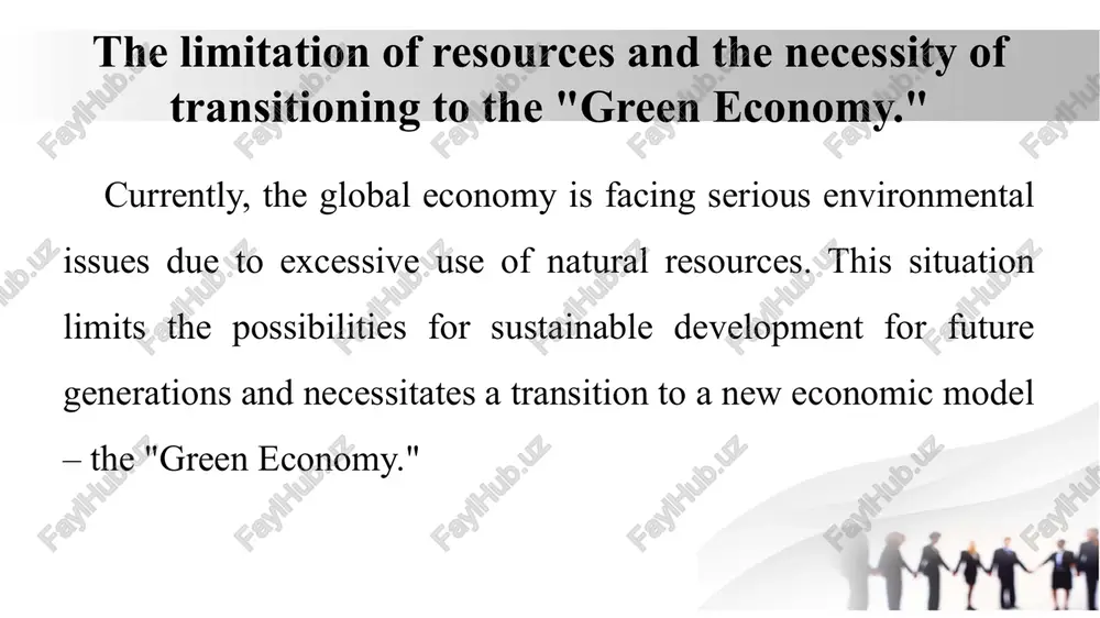 imited resources: renewable resources although these resources can replenish over time, excessive use and mismanagement can lead to their scarcity. examples include: freshwater – essential for drinking, agriculture, and industry, but many regions face severe water shortages. forests – provide oxygen, store carbon, and support biodiversity, but deforestation is occurring at alarming rates. fisheries and marine life – overfishing has led to the decline of many species, affecting ecosystems and food supply. the necessity of transitioning to the "green economy" the "green economy" is an economic model focused on the efficient use of natural resources, reduction of environmental damage, and ensuring long-term sustainable development. the modern world is facing serious environmental, economic, and social challenges due to unsustainable resource consumption, climate change, and environmental degradation. as a result, transitioning to a "green economy" has become a necessity to ensure long-term sustainability and economic stability. what is the "green economy"? the …
