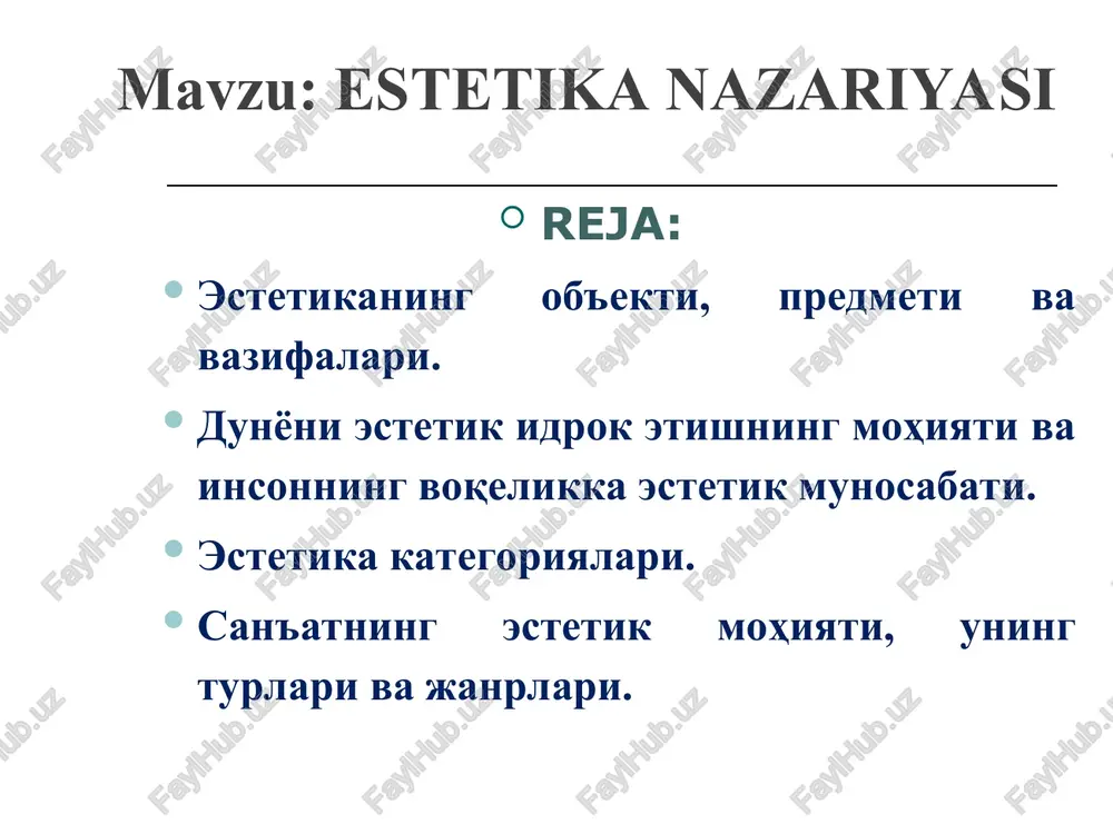 etsa, uni insonni “tabiiylashtirish” vositasi sifatida olib qarasa, texnika estetikasi, aksincha, bugungi kunda bizga eng yaqin bo’lgan noosferani – texnikaviy muhitni muntazam “insoniylashtirib” borish muammolarini o’rganadi. inson doimiy ravishda ravnaq topib boradigan mavjudot, uzoq davom etgan insoniy taraqqiyotning mahsuli, ya’ni tosh asridagi va hozirgi odam, garchand ikkalasi ham odam deb atasakda, bir-biridan farq qiladi. zamonaviy odam aqlan, axloqan nisbatan yuksak darajaga ko’tarilgan, jismonan esa – go’zallashgan. texnikani ana shu go’zallashgan inson yaratgan. shu o’rinda imom g`azzoliyning inson va uning ijodiga nisbatan aytgan: “yaratilgan yaratganiga o’xshaydi”, degan so’zlarini yana bir bor eslaylik. alloh insonni yaratib, uni o’ziga o’xshashini istasa, inson ham o’z ijodi mahsulining o’ziga o’xshash bo’lishini xohlaydi. texnika inson ijodining mahsuli sifatida inson qanchalik nozik, qanchalik aqlli, qanchalik go’zal bo’lsa, shunga qarab o’zgarib boradi. estetika fanining zamonaviy muammolari estetik dunyqarashga salbiy ta`sir ko`rsatuvchi omillar estetik tarbiyaning omillari: oila. mahalla. maktabgacha ta`lim muassasalari. o`rta maxsus kasb hunar ta`limi markazlari. badiiy havaskorlik …