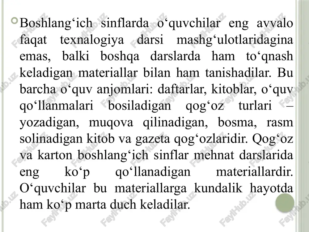 i oldindan ko‘chirib buyum detallarini bir-biriga yopishtirish. 12. turli o‘yinchoqlarni kvadrat asos va to‘g‘ri burchak asosidan bukib yasash. 13. daftar, kitoblarni muqovalash. 14. qog‘ozni buklash va turli shakllar yasash. o‘quvchilar ishlov berilayotgan materiallarning xususiyatlarini hisobga olib, ish usullaridan ongli foydalanishlari, mehnat jarayonida fan asoslarini o‘rganish vaqtida egallagan bilimlarini qo‘llashlari lozim. qog‘oz va karton bilan ishlash mashg‘ulotlariga oldindan quyidagicha tayyorgarlik ko‘riladi: stolning ustiga qog‘oz yozib, o‘ng tomoniga qaychi, yelim uchun cho‘tka, chizg‘ich, qalam, avtoruchka, old tomonlariga yelim, qiyqimlar uchun quti chap tomonlariga, ish vaqtida xalaqit bermaydigan qilib rangli qog‘oz to‘plamini qo‘yadilar. har bir mashg‘ulot oxirida o‘quvchilar keyingi mashg‘ulotda kerak bo‘ladigan narsalarni yozib oladilar. o‘quvchilar ishlayotgan materiallarga tejamkorlik bilan munosabatda bo‘lishlari, o‘z ishlarini rejalashtira bilishlari, materialni tejamkorlik bilan sarflashlari, vaqtdan unumli foydalanishlari, o‘qituvchi ko‘rsatmalariga amal qilishlari, shu bilan birga ish joyini toza va ozoda saqlashlari, mashg‘ulotdan so‘ng sinfni tozalab qo‘yishlari kerak. barcha fanlarda qo‘llanilgani kabi texnologiya darslarida ta’limning ko‘rgazmali vositalaridan foydalaniladi. jumladan, …