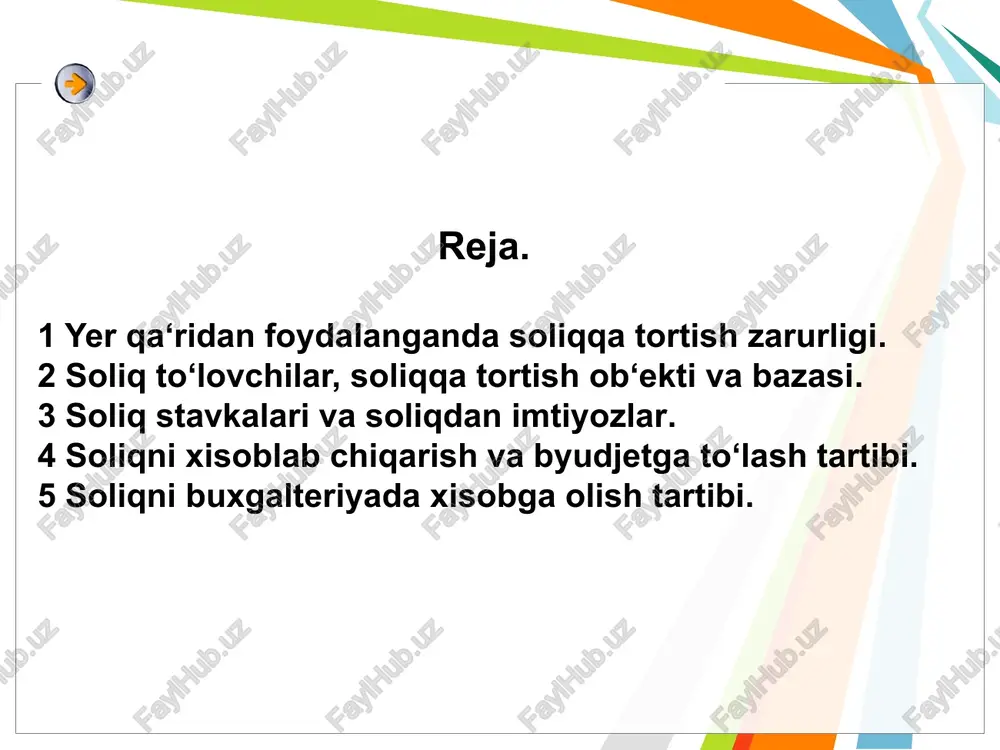 ing qat‘iy ulushi o‘zlashtiriladi. respublikamiz qonunchiligiga muvofiq, royalti – bu mineral xom-ashyoni qazib olish xajmiga yoki ishlab chiqarilgan mahsulot qiymatiga nisbatan foiz hisobida bitim shartlariga muvofiq belgilangan va investor tomonidan pul shaklida yoki qazib olingan mineral xom-ashyoning bir qismi tarzida to‘lanadigan muntazam to‘lovlardir. o’zbekiston respublikasining “mahsulot taqsimotiga oid bitimlar to’g’risida” gi qonuni, 20-modda. o’sha erda. jahon amaliyotida tabiiy resurslardan foydalanishni soliqqa tortish odatda foyda solig‘i va tabiiy resurslardan foydalanganlik uchun maxsus soliqlar, ya‘ni renta soliqlari sifatida undiriladi. shuningdek, ayrim xorijiy mamlakatlar soliq amaliyotida tabiiy resurslardan foydalanish hisobiga yuqori rentabellikka erishadigan xo‘jalik yurituvchi sub‘ektlar uchun aksiz soliqlari ham amal qiladi. o‘zbekiston mustaqillikka erishgandan keyin respublikamiz hududidagi barcha tabiiy, er osti boyliklari davlatimiz tasarrufiga o‘tdi. o‘zbekiston zaminida juda ulkan va noyob, hali ijtimoiy ishlab chiqarishga jalb etilmagan mineral xom-ashyo resurslari to‘plangan. o‘zbekistonda 100 ga yaqin, aniqrog‘i 95 turdagi mineral xom-ashyoni o‘zida mujassam etgan 2700 ta kon aniqlangan. amalda mendeleev davriy jadvalidagi barcha …