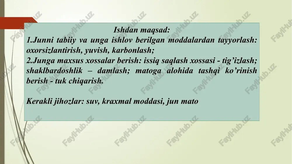 beriladi, so‟ng yuviladi. karbonlash - jundan o‘simlik qoldiqlarni chiqarish uchun olib boriladi. jun 3-6% h2so4 eritmasi bilan shimdiriladi, 70-100% li siqiladi, 800c da quritiladi va 5 daq davomida 110-1150c da ishlov beriladi. bunday sharoitda (konsentrlangan h2so4 va harorat) o‘simlik sellyulozasi chuqur destruksiyaga uchraydi, jun keratini deyarli o‘zgarmaydi. mo‘rt holatga o‟tgan o‟simlik qoldiqlari mexanik ta'sir yordamida toladan chiqariladi. karbonlashdan so‟ng mato sovuq suvda yuviladi, 2% li na2co3 eritmasi bilan neytrallanadi va yana yuviladi. tig‘izlash - (valka) jarayoni jun tolasining quyidagi uch xossasiga: tangasimonligi, elastikligi va buramaliligiga asoslangan. tig`izlanish jun tolalarining mexanik ta'sir ostida matodagi harakatlanishi natijasidir. jun tolasining tig`izlanish qobiliyati kuchsiz ishqoriy muhitda 400c dan yuqori bo‟ladi. tig`izlanish natijasida junli mato bo‟yiga va eniga kirishib, qalinlashadi va issiq saqlash qobiliyati, qalinligi ortadi. tuk chiqarish jarayoning maqsadi mato yuzasiga yumshoq tukli qatlam chiqarish, issiq saqlash qobilyatini oshirish, to‟qima iplarini berkitishdir. tuk chiqarish ignali yoki dumboqli mashinalarda olib boriladi. damlash - (zavarka) va …