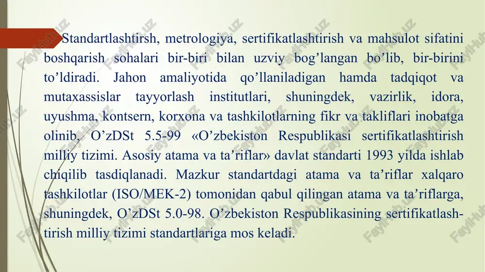 jatlarga mos kelishi toʼgʼrisida kafolatlanadi. amalda oʼz-oʼzini sertifikatsiyalashtirish faoliyati ham ayrim hollarda qoʼllaniladi. muvofiqlikni sertifikatsiyalashtirishning asosiy maqsadi-isteʼmolchi istaklarini, mahsulotni ishlab chiqarishdagi xavfsizlik, inson salomatligi, atrof-muhitning muhofazasi masalalari boʼyicha himoya qilish, mahsulotning raqobatbardoshliligini taʼminlashda uchraydigan turli texnikaviy toʼsiqlari bartaraf qilishdan iborat. oʼzbekiston respublikasi davlat standartlashtirish tizimi mahsulot sifatini yaxshilash va uning raqobatbardoshliligini taʼminlash demakdir. 1. sifat boʼyicha raqobatbardoshliligini taʼminlash uch qismga boʼlinadi: 1.maqsad, yaʼni qaysi bozorda, qanday sharoitda ishlab chiqarishni bilish kerak. 2.funktsional samaradorligi. foydaligi jihatdan shu turdagi mahsulotlar bilan taqqoslanadi. 3.foydalanish paytida tejamkorligi va uning mahsulot bahosi bilan bogʼliqligi. texnik mutaxassislar shtati tarmoqlararo yoki davlatlararo standartlash va sertifikatsiyalash ishlari boʼyicha tuziladi. ularning vazifasi davlat manfaatlari va isteʼmolchi ehtiyojlarini qondirish, yaʼni yangi meʼyoriy hujjatlar (mh) yaratish yoki qayta koʼrib chiqish, ularning xalqaro meʼyoriy hujjatlarga muvofiqligini taʼminlash, standartlash boʼyicha rejalar tuzishdan iborat. 2.sertifikatsiyalashtirishning tartibi quyidagi asosiy tadbirlarni amalga oshirishdan iboratdir: - sertifikatsiyalashtirish oʼtkazish uchun qaror va ariza deklaratsiyasini berish; - sertifikatsiyalashtiriladigan mahsulotdan …