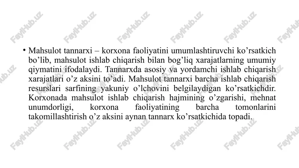 id qilinadigan materiallar, shuningdek asbob uskunalarni tuzatish uchun ehtiyot qismlar, inventarlarning, xo’jalik buyumlarining va asosiy vositalarga kirmaydigan boshqa mehnat vositalarining qiymati; sotib olinadigan, kelgusida ushbu xo’jalik yurituvchi subyektda montaj qilinadigan yoki qo’shimcha ishlov beriladigan butlovchi buyumlar va yarim tayyor mahsulotlar; tashqi yuridik va jismoniy shaxslar, shuningdek, xo’jalik yurituvchi subyektning ichki tarkibiy bo’linmalari tomonidan bajariladigan faoliyatning asosiy turiga tegishli bo’lmagan ishlab chiqarish xususiyatiga ega bo’lgan ishlar va xizmatlar. ishlab chiqarish xususiyatiga ega bo’lgan mehnatga haq to’lash xarajatlari tarkibiga quyidagi moddalar kiritiladi: - xo’jalik yurituvchi subyektda qabul qilingan mehnatga haq to’lash shakllari va tizimlariga muvofiq bajarilgan narxnomalar, ta’rif stavkalari va lavozim maoshlaridan kelib chiqib hisoblangan amalda bajarilgan ish uchun ishlab chiqarish xususiyatiga ega bo’lgan hisoblangan ish haqi, shu jumladan, xo’jalik yurituvchi subyektni mukofotlash to’g’risidagi nizomlarda nazarda tutilgan rag’batlantiruvchi tusdagi to’lovlar. - kasb mahorati va murabbiylik uchun ta’rif stavkalariga va okladlarga ustamalar. - ish rejimi va mehnat sharoitlari bilan bog’liq bo’lgan kompensatsiya tusidagi …