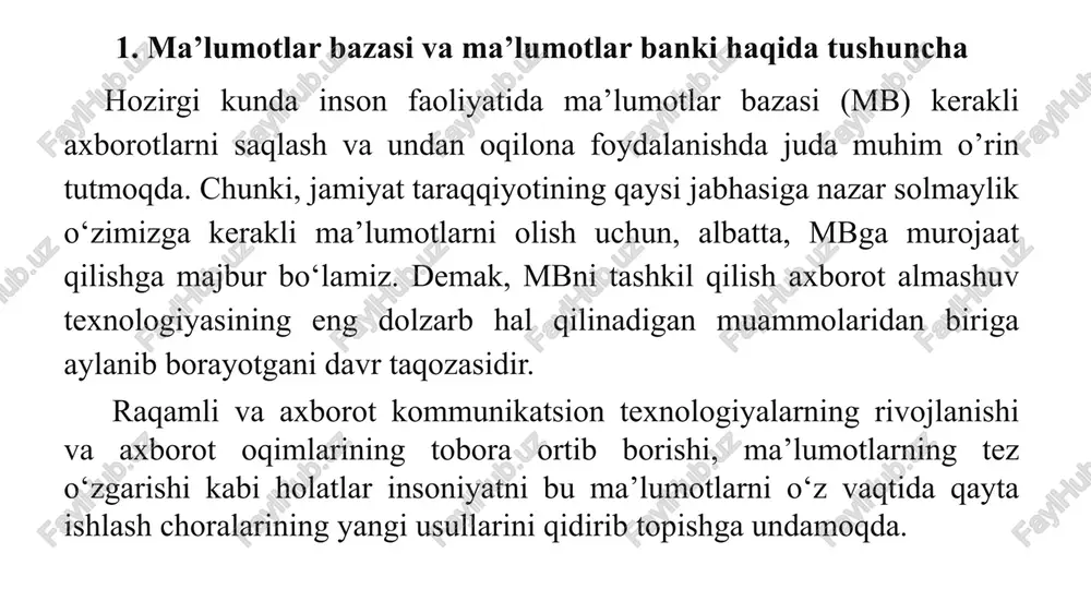 hun o‘rganilayotgan real muhitning ma’lum bir qismi tushiniladi. masalan, korxona, zavod, ilmiy tekshirish instituti, oliy o‘quv yurti va boshqalar. ma'lumotlar bazasi –bu o’zaro bog’langan va tartiblangan ma'lumotlar majmuasi bo’lib u ko’rilayotgan ob'yektlarni xususiyatini, holatini va ob'yektlar ortasidagi munosabatni ma'lum sohada tavsiflaydi. ma’lumotlar bazasini (mb) yaratishda ikkita muhim shartni hisobga olish zarur: ma'lumotlar turi, ko’rinishi, ularni qo’llaydigan dasturlarga bog’lik bo’lmasligi lozim, ya'ni mbga yangi ma'lumotlarni kiritganda yoki ma'lumotlar turini o’zgartirganda, dasturlarni o’zgartirish talab etilmasligi lozim. mb dagi kerakli ma'lumotni bilish yoki izlash uchun biror dastur tuzishga xojat qolmasin. ma'lumotlar banki – bu o’zaro bog’langan ma’lumotlar bazasi bo’lib, bo’lib, dasturiy va texnik ta’minot yordamida ma’lumotlarni saqlash, to'plash, yangilash, qidirish va uzatish imkonini beradigan avtomatlashtgirilgan tizimdir. ma'lumotlar bankining asosiy elementlari - bu ma'lumotlar bazasi va ma'lumotlar bazasi boshqaruv tizimi deb nomlangan dasturiy mahsulot hisoblanadi. ma'lumotlar bazasini tashkil qilishdagi quyidagi asosiy talablarga javob berishi lozim: oddiyligi: foydalanuvchilar o`z ixtiyorida qanday ma'lumotlar borligini juda oson …