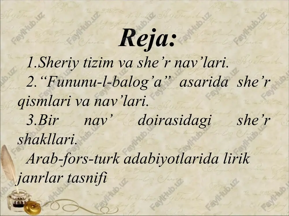 lagi matla’siz va maqta’siz g‘azal. mustahzod- arabcha orttirilgan. bir yarim rukn orttiriladi. ruboiy- arab tilidan o‘zlashgan so‘z bo‘lib, 4 qatorli she’r ma’nosini beradi. u asosan, hazaj bahrining axrab va axram shahobchalarida yoziladi. fors adabiyotiga ko‘ra ruboiy rudakiy boshlagan. turkiy she’riyatda esa “qutadg‘u bilig” asari tarkibida ruboiy va to‘rtliklar uchraydi shayx ahmad taroziy va a. navoiy ruboiy vaznlari haqida to‘xtalar ekan, turkiy adabiyotda shunday to‘rtlik asosida tuyuq janri borligini kuzatgan. tuyuq vazn jihatidan ramal bahrida yozilgan. qofiyalanishi esa ruboiy bilan bir xil: a-a-b-a, a-a-a-a. masnaviy (ar. “ikkilik”) – har bandi 2misradan iborat voqeaband she’rdir. arab va fors she’riyatida esa u vazn bilan birga hazaj, sare’ va muzore’ bahrlarida yozilgan. qofiyalanish tizimi (a-a, d-d va h.k) ga ko‘ra har ikki misra o‘zaro qofiyalangani uchun muallifga keng imkoniyat beradi masnaviyning fors she’riyatidagi yuksak namunasi “shohnoma”, turkiy she’riyatda esa “qutadg‘u bilig” larni masnaviy shaklida yozilgan ma’rifiy asar deb bilishimiz mumkin. musammat (ar.“tizma”,“ipga tizilgan”,“zanjir) shakllari …