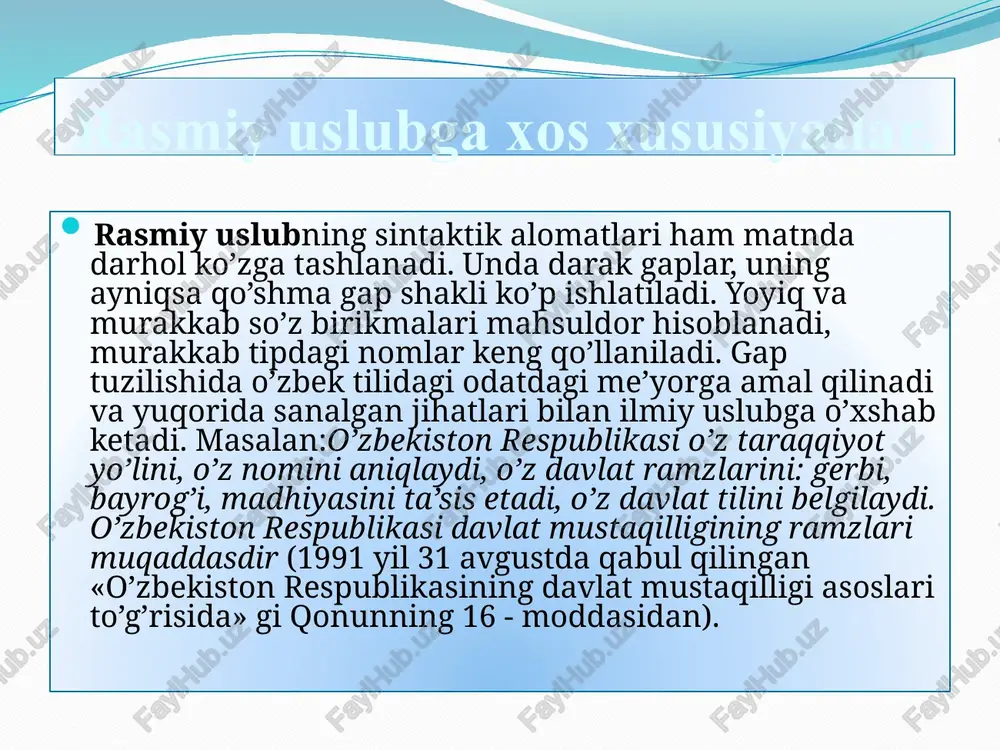 sahifalarida aks etadigan yangilik, xabar, reportaj, tahlilnoma, bosh maqola, maqola, ocherk, felyeton, pamflet, e’lon, reklama singari qator janrlarni qamrab oladi. ana shu qamrov doirasining kengligi o’z navbatida til birliklarining har bir janrda alohida tarzda me’yorlashuvini taqozo etadi. bu o’rinda esa me’yorlashishning umumiy jihatlari xususida so’z yuritish imkoniyati mavjud. t.qurbonovning kuzatishicha, sifatdosh oborotlar, fe’llarning shart mayli shakllarining almashinib ishlatilishi, ritorik so’roq, ritorik murojaat, undov, bir bosh bo’lakli gaplarning faolligi bu uslubga xos xususiyatlar sanaladi so’roq gaplarning mahsuldor ishlatilishi, ularning murojaat va dialog shaklda bo’lishi, bunda savol beruvchi ham, javob beruvchi ham muallifning o’zi hisoblanishi: g’urur nima o’zi? rangi qanaqa? u hammada birday bo’ladimi yoki aksinchami? menimcha, g’ururli odam mamlakat miqiyosida amalga oshirilayotgan har qanday muvaffaqiyatni o’ziga tegishli deb biladi va undan quvonadi. (xalq so’zi, 2001 yil 20 sentyabr); uyushiq bo’lakli gaplarga ko’proq murojaat qilinishi: chunki o’qituvchi zoti mashaqqatli mehnati, hayotiy tajribasi, beqiyos mehri bilan yosh avlodga faqat ilm-fan sirlarini o’rgatib qolmay, …