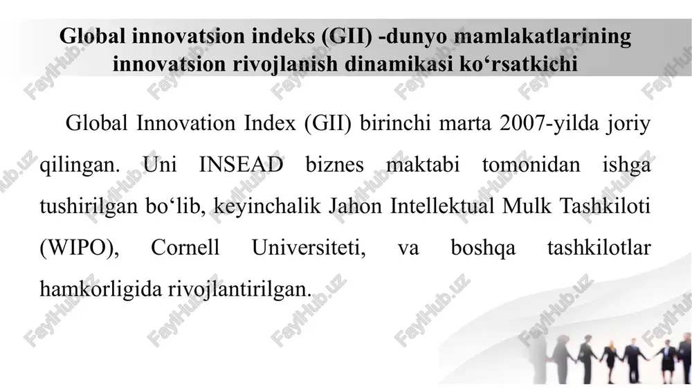 rish ko‘rsatkichlari (innovation input sub-index) 1.4. bozor murakkabligi (market sophistication) kredit olish imkoniyatlari (bank tizimi, venchur kapital) investitsiya muhiti (fond bozori rivoji, xalqaro investitsiyalar) savdo va raqobat (eksport-import, bozor hajmi) 1. innovatsion kirish ko‘rsatkichlari (innovation input sub-index) 1.5. biznes murakkabligi (business sophistication) ishbilarmonlik muhiti (firma darajasida tadqiqotlar) innovatsion tarmoqlar (texnologik hamkorlik, patentlar) ishchi kuchi sifatli mehnat resurslari 2. innovatsion natija ko‘rsatkichlari (innovation output sub-index) bu bo‘lim mamlakatning innovatsiyaga asoslangan natijalarini o‘lchaydi. u 2 asosiy ustundan iborat: 2.1. bilim va texnologiya natijalari (knowledge & technology outputs) ilmiy tadqiqotlar sifati (nashrlar soni, iqtiboslar) patentlar va intellektual mulk huquqlari yuqori texnologiyali eksport (elektronika, farmatsevtika) ishlab chiqarish samaradorligi innovatsion natija ko‘rsatkichlari (innovation output sub-index) 2.2. ijodiy natijalar (creative outputs) brendlar va dizayn innovatsiyalari madaniy va ijodiy mahsulotlar (film, musiqa, san’at) internet kontent va raqamli xizmatlar yangi mahsulotlar va startaplar gii reytingi mamlakatlarning innovatsiyaga sarmoya kiritish qobiliyati va natijalarini baholaydi. yuqori reytingga ega davlatlar odatda …