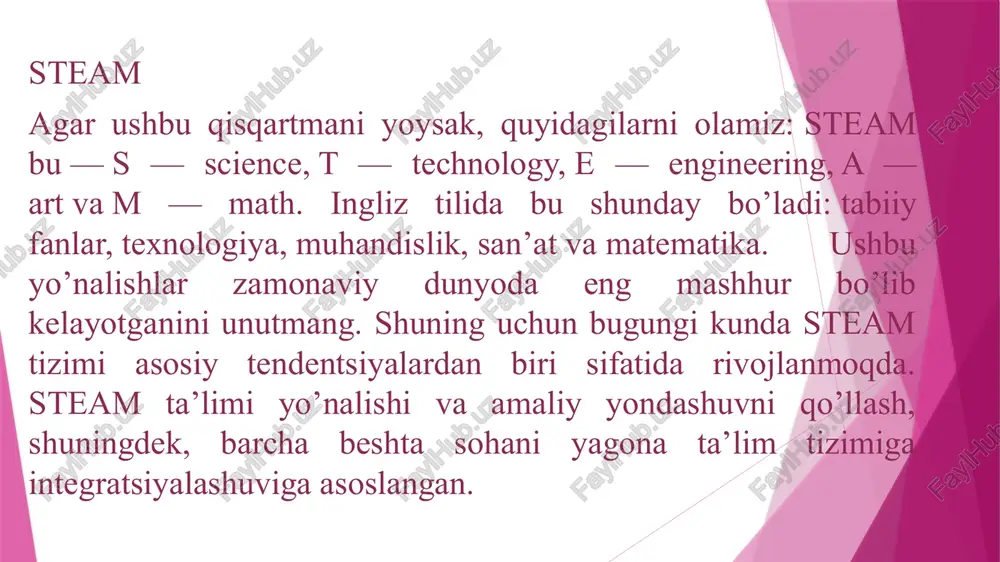 izni o’zgartirmoqda. amaliy qobiliyatga e’tibor berib, talabalar o’zlarining irodasini, ijodkorligini, moslashuvchanligini rivojlantiradi va boshqalar bilan hamkorlik qilishni o’rganadi. ushbu ko’nikmalar va bilimlar asosiy ta’lim vazifasini tashkil etadi, ya’ni. bu butun ta’lim tizimi nimaga intilishini. ta’limga ushbu yangi yondashuv qanday paydo bo’ldi? bu nazariya va amaliyotni birlashtirishning mantiqiy natijasidir. steam amerikada ishlab chiqilgan. ba’zi maktablar bitiruvchilarning martabalarini e’tiborga olishdi va fan, texnologiya, muhandislik va matematika kabi fanlarni birlashtirishga qaror qilishdi va stem tizimi shu tarzda shakllandi. (fan, texnika, muhandislik va matematika). keyinchalik bu erda art qo’shildi va endi steam oxirigacha shakllandi. o’qituvchilar ushbu mavzular, aniqrog’i ushbu fanlardan bilimlar kelajakda talabalarning yuqori malakali mutaxassis bo’lib etishishiga yordam beradi, deb hisoblashadi. oxir oqibat, bolalar yaxshi bilim olishga intilishadi va uni darhol amalda qo’llashadi. dunyo o’zgarib bormoqda, hatto ta’lim bir joyda turmasa ham. so’nggi o’n yilliklardagi o’zgarishlar yoqimli, ammo shu bilan birga bizni havotirlantiradi. ushbu yangi narsalarning ixtiro qilinishi bilan odamlar ilgari duch kelmagan …