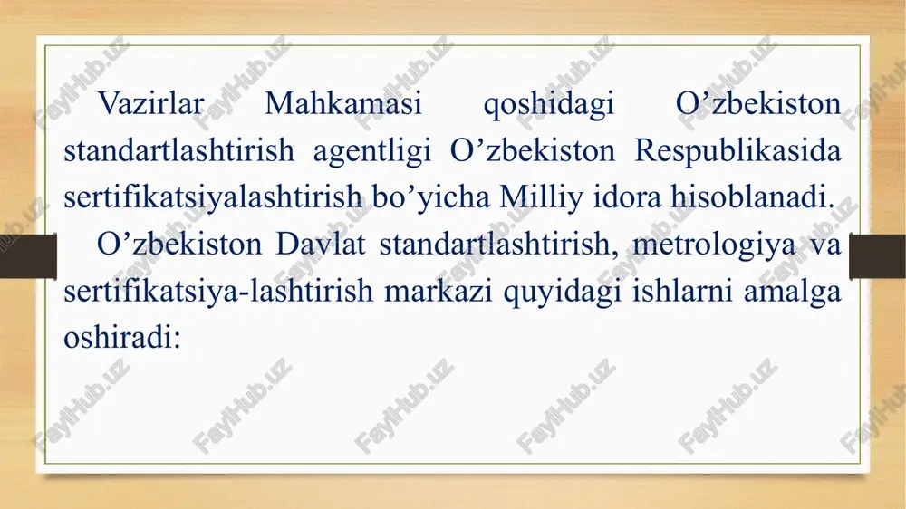 ai boʼlib, davlat byudjeti, hamda xizmat haqi hisoblanadi. 2. mahsulot birligini sertifikatsiyalashtirish boʼyicha akkreditlangan idoralar: - birlik mahsulot sertifikatining tizimini yaratadi va uning funktsionalligini taʼminlaydi; - sertifikatsiyalashtirish ishlarini tashkil qiladi va oʼtkazadi; - rasmiylashtiradi, milliy yoki xalqaro muvofiqlik sertifikatini beradi; -sertifikatsiyalashtirilgan mahsulotlarni nazorat qilib boradi. sertifikatsiyalashtirishda quyidagi asosiy tushunchalar mavjud: -milliy sertifikatsiyalashtirish tizimi-davlat miqyosida taʼsir etuvchi tizim boʼlib hisoblanadi; -mahsulot sertifikati-belgilangan shartlarga mahsulotning bogʼliqligini tasdiqlash boʼyicha faoliyati; -bogʼliqlik sertifikati-belgilangan shartlarga sertifikatsiyalashgan mahsulotning bogʼliqligini tasdiqlash uchun sertifikatsiyalashtirish tizimi qoidalari boʼyicha berilgan hujjat; -muvofiqlik belgisi-belgilangan tartibda belgining qayd etilishi boʼlib, mahsulot yoki hujjat xizmatga markirovka qilinadi, yaʼni ushbu mahsulot yoki xizmat turi aniq standart yoki boshqa meʼyoriy hujjatlarga bogʼliq boʼladi; -bittalik mahsulotni sertifikatsiyalashtirish tizimi - sertifikatsiyalashtirish tizimi boʼlib, belgilangan mahsulot, ish yoki xizmatga tegishli boʼlib, shu yoʼsindagi aniq standart va qoidalarda qoʼllaniladi; -sinov laboratoriyasini akkreditlashtirish-sinov laboratoriyasining maʼlum sinovlar yoki sinovlarning maʼlum turlarini amalga oshirishni rasmiy jihatdan tan olish; -sifat boʼyicha ekspert-auditorlar-sertifikatsiyalashtirish sohasida …