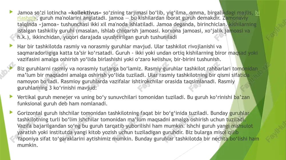 kin. bunday guruhlar tashkilotda bir nechta bo‘lishi ham mumkin. qo‘mita - ba’zi bir tashkilotlarda bu maslahat kengashi, maqsadli guruh ham, deb nomlanadi. jamoa va unga qo‘yilgan talablar haqida so‘z ketar ekan, turli yoshdagi sinflarda jamoa tashkil etishning farqli tomonlari bormi? ularning o‘ziga xos xususiyatlari nimalardan iborat, degan savol tug‘ilishi tabiiy. jamoa a’zolariga: ixtiyoriylik; demokratik faoliyat; so‘z erkinligi; tashabbuskorlik; mustaqillik; faollik; ijodiy faoliyat ko‘rsatishlari uchun imkoniyat yaratilishi kerak o‘quvchilar jamoasini shakllantirishning mohiyati va tashkiliy asoslari. o‘quvchilar jamoalarini tuzish guruhlarda, sinflarda turli farq- lar bilan amalga oshiriladi. shuning uchun barcha sinflar uchun bir xildagi yo‘l-yo‘riqlami belgilab bo‘lmaydi. ayniqsa, boshlang‘ich, v va ix sinflarda o‘quvchilar jamoasini tashkil etish va jipslashtirish katta qiyinchiliklar tug‘diradi. bu sinflarda ko‘pincha o‘quvchilar tarkibi mutloq yangi yoki qisman o‘zgaradi. shunday ekan, o‘quvchilar jamoasini yangidan tuzishga to‘g‘ri keladi. vi-vii sinflarda o‘quvchilar faollari kengayib boradi. ular ko‘proq jamoatchilik ishlarida qatnashadilar, o‘zlarining axloqiy tajribalarini boyitadilar, mehnat qilish malakalari va ko‘nikmalarini rivojlantiradilar sinf …