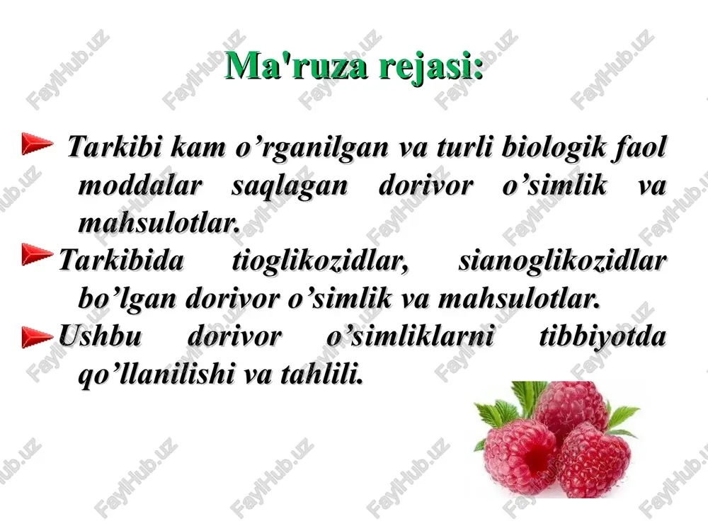 xo’l meva. tayyor mahsulot quritilgan mevadan iborat. meva murakkab bo’lib, 30-60 tagacha alohida danakchalardan tashkil topgan. danakchalar bir-biri bilan birlashib, yuqori tomoni yumaloq bo’lgan, bo’sh konus shaklini tashkil etadi. har bir danakcha mayda, tuxumsimon, bir urug’li, ustki tomoni chuqurchali bo’lib, tuklar bilan qoplangan. mahsulot kulrang–qizil tusli, bir oz xushbo’y xid va nordon–shirin mazaga ega. mahsulotning tashqi ko’rinishi kimyoviy tarkibi. meva tarkibida organik kislotalar (22% gacha olma, limon, salitsilat, vino, chumoli va boshqa kislotalar), 45 mg% gacha vitamin c, qandlar, antotsianlar, oshlovchi moddalar va boshqalar bor. urug’ tarkibida 14,6% yog’, 0,7% sitosterin bor. ishlatilishi. mahsulot shamollaganda terlatuvchi dori sifatida qo’llaniladi. sharbat suyuq dorilar ta'mini yaxshilash uchun ishlatiladi. dorivor preparatlari: damlama, sharbat. mevasi terlatuvchi choy-yig’malar tarkibiga kiradi. levzeya ildizpoyasi bilan ildizi rhizomata cum radicibus leuzeae maxsarsimon levzeya - rhaponticum carthamoides willd. astradoshlar - asteraceae ko’p yillik, 50-180sm li o’t o’simlik. poyasi bir nechta, shoxlanmagan, mayda chiziqli. bargi oddiy, umumiy ko’rinishi ellipssimon, 5-8ta …