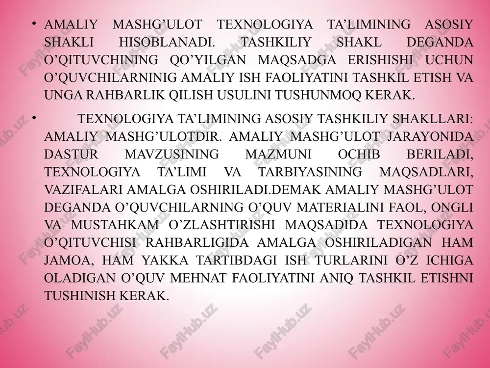 ng talablariga muvofiq kelishi zarur. 4. mashg’ulotlarida foydalanadigan mehnat ta’limi metodlari dars talablariga va o’quv materiallarining mazmuniga to’liq javob berishi lozim. 5. o’quv ustaxonalaridagi mashg’ulotlarinig tashkiliy metodik tu- zilishi o’quvchilar bilan jamoa tarzida va yakka tartibda olib borishini nazarda tutishi kerak. 6. texnologiya bo’yicha amaliy mashg’ulotlarida o’tkaziladigan ta’lim ishlari tarbiyaviy ahamiyatga ega bo’lishi, ya’ni maktab o’quvchilarida ma’naviy sifatlarni tarkib toptirishga yordam berishi lozim. amaliy mashg’ulot turlarining xilma-xilligina qaramasdan, o’quvchilarni navbatdagi mashg’ulot mavzusini o’zlashtirish uchun jalb qilishga qaratilgan mashg’ulotlarni tashkil etish; o’quvchilar mashg’ulotda o’zlashtirgan bilimlari, mehnat ko’nikmalari va malakalari darajasini tekshirish; yangi mavzu materialini tushuntirish va amaliy ishlarni bajarish vaqtida ish bosqichlarini ko’rsatib berish; o’quvchilarning yangi mavzusiga oid amaliy ishlarni bajarish vaqtida ularning bilimini, amaliy ish darajasini aniqlash, ish natijalarini mashqlar bilan mustahkamlash, o’quvchilar ishini nazorat qilish va ularni o’z-o’zini nazorat qilishiga erishish, amaliy topshiriqning mustaqil bajarishlarii va o’tgan mashg’ulotning natijalariga yakun yasashdan iborat. amaliy mashg’ulotning qat’iy izchilligi va fanlarni o’zaro …
