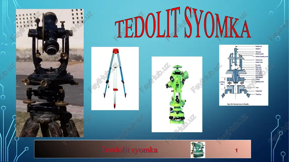 amida amalga oshirilishi mumkin. bu qurilma bilan taqdim muvofiq oson va tez amalga oshirishda yordam beradi bo'lsa markazi, o'zgaruvchan bo'ladi. 13 teodolit syomka shartlari vernier teodolit manipulyaciya tranzit ishlatiladi. 1. tranzit: tranzit ham botirish yoki orqaga sifatida tanilgan. teskari pastga uni sabab shu tariqa vertikal tekislikda 1800 orqali gorizontal o'qi atrofida teleskop o'girilib, va bu jarayon u qarama-qarshi yo'nalishda aniq bir nuqtasi qiladi. 14 teodolit syomka shartlari vernier teodolit manipulyaciya tranzit ishlatiladi. 2. swinging teleskop bu gorizontal tekislik uning vertikal o'qi atrofida teleskop harakat degan ma'noni anglatadi. surish teleskop soat mili tomonga yoki counter-soat yo'nalishi bo'yicha qaytarilur qarab, o'ng yoki chap deb nomlangan. 15 teodolit syomka shartlari vernier teodolit manipulyaciya tranzit ishlatiladi. 3. doira o’ng vositasi vertikal qator kuzatuvchi chap tomonida bo'lsa, o'qish o'rnini olgan holda chap kuzatish yuziga sifatida tanilgan bu holatda gorizontal yoki vertikal aylana qilingan va chap kuzatish uchun shaxsni deb ataladi. 16 teodolit syomka shartlari vernier …