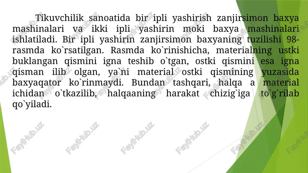 a plastinasi 2 tagidagi bo`rttirgich va ikkita tepki, chalishtirgich 3 va reyka 4 qatnashadi. tikuvchi pedalni bosib ko`prikcha tushiradi va tepkilar ustiga o`ngini pastga qaratib materiallar qo`yadi. shunda tepkilar materiallarni igna plastinasi 2 ga (99-rasm, a) qisadi, bo`rttirgich esa materiallarni igna plastinasining o`yig`idan bo`rttirib chiqaradi. igna 1 chapdan o`ngga harakatlanib ustki materialni teshib o`tadi, ostkisini esa qisman ilib oladi. bu paytda chalishtirgich 3 tikuvchi tomonga suriladi. bir ipli zanjirsimon yashirish baxya hosil bo`lishi 6.2. 285 (rossiya) rusumli tikuv mashinasi. rossiyadagi podolsk mexaniqa zavodi ishlab chiqaradigan bu mashina ko`ylak, yubkalar etagini bir ipli zanjirsimon yashirin baxyaqator yuritib tikishga mo`ljallangan. bu mashinani qavish ishlarida ham ishlatish mumkin. asosiy valining aylanish chastotasi 3200 min gacha, baxyasining yirikligi 0 dan 7 mm gacha rostlanadi, bukib tikiladigan materiallarning qalinligi 3 mm gacha. ignalar 0873 № 65,75. mashinada tebranuvchi igna mexanizmi, murakkab fazoviy harakatlanuvchi chalishtirgich, materiallarni suradigan reykali mexanizm, buralma va vertikal harakatlanadigan tebranuvchi bo`rttirgich bor. …