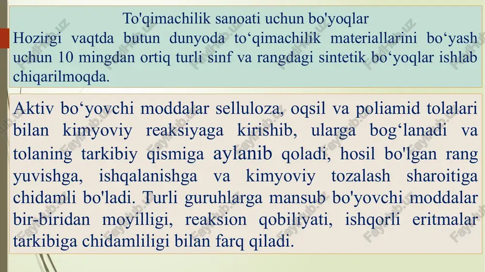 ngil sanoati ist'emol qiladi. hozirgi vaqtda kolor indeks (angliya) ma'lumotnomasi bo’yicha jahonda 6000 ga yaqin individual va 36000 dan ortiq savdo markali bo’yovchi modda ma'lum. bo’yovchi moddalarning rangi ularning molekulasini o’ziga xos elektron tuzilishiga bog‘liq holda yorug'lik nurini tanlab yutish qobiliyati bilan bogliqdir. bo’yovchi moddalar aromatik yoki aromatik tabiatli geterozanjirli organik moddalar bo’lib, ularning tarkibida rivojlangan qo’sh bog’ sistemasi mavjud , qo’sh bog'lardagi barcha - elektronlar bir-biri bilan qamralib, molekula uchun umumiy elektron bulut hosil qiladi; umumiy elektron bulut hosil bo’lishi uchun molekula yassi tuzilishli bo’lishi shart; agar rivojlangan qo’sh bog'li sistemaga molekulani qutblovchi elektronodonor (-oh, nh) va boshqalar) hamda eletronoakseptor (- no:, - no, va boshqalar) o‘rinbosarlar ulansa, rang chuqurlashishi sodir bo’ladi. bo’yovchi molekulasining bu qismi xromofor (rang tashuvchi) sistema, deb ataladi 3-jadval bo’yovchi moddalarning sinflanishi bo’yovchi modda xossalari bo’yovchi modda sinflari suvda eruvchanlar: anionli kationli bevosita, kislotali, xromli, kislotali metalkompleks, faol, kubozollar, azotollar 69 asosli, kation, diazol vaqtincha …