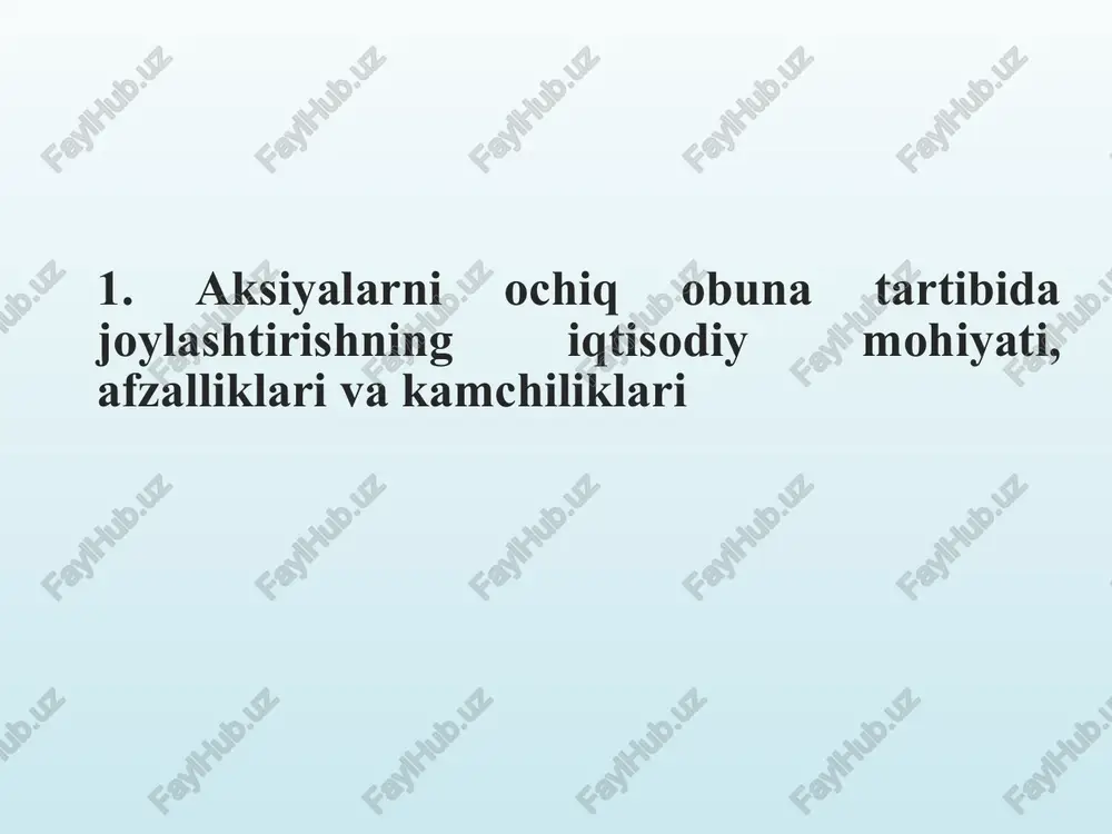 lajakda pozitsiyalari kuchliroq kompaniya bilan o'zaro birlashishning osonlashishi iponi tashkil etish bilan bogliq xarajatlaming yuqoriligi 5. investorlar va mulkdorlar uchun biznesdan chiqish yotining osonlashishi «dushman» aksiyadorlaming kompaniya faoliyatiga kirib kelish ehtimoli 6. kompaniya nufuzining oshishi, uning bozorda taniiishi va investitsion jozibadorlikning ta’minlanishi va boshqalar kompaniyaning investitsion tarixi bolishi shartligi 2. aksiyalarni ommaviy joylashtirish amaliyotini tashkil etish va o‘tkazish bosqichlari * ipo jarayoni ko‘p bosqichli bolib, uzoq vaqtni (bir necha yillami) va yuqori miqdordagi moliyaviy xaxajatlami talab qiladi. kompaniyaning ichki tayyorgarligidan va barcha zaruriy jarayonlardan o'tishidan tashqari, iponing amalga oshish vaqti iqtisodiyotning joriy holati bilan bogliqligini ham alohida ta’kidlash lozim. * kompaniya o‘z ichki imkoniyatlarini tahlil qilgan holda ipo operatsiyalarini amalga oshirish to‘g‘risida qaror qabul qilgandan keyin, tayyorgarlik jarayonini boshlaydi. bu jarayon bir necha yillami o‘z ichiga qamrab olgan to'rtta bosqichni o'zida aks ettiradi. har bir bosqich haqida quyida to“xtalib o'tamiz. * birinchi bosqichda tashkilotchilar va ipo ishtirokchilari gumhi tuziladi hamda …