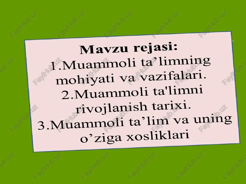 o'quvchi-talabalar faoliyatini fikr yuritishning mantiqiy operatsiyalari-tahlil, sintez, taqqoslash, analogiya, umumlashtirish, tasniflash va xulosa yasashga yo'naltiradi. muammoli vaziyatlardan o'quv jarayonining barcha bosqichlarida: yangi mavzu bayoni, mustahkamlash va bilimlarni nazorat qilishda foydalanish mumkin. muammoli vaziyatlar tizimi muvaffaqiyatli yaratilgan hollarda mazkur mavzuni muammoli dars shaklida o'tish tavsiya etiladi. o'qitish jarayoniga muammoli darslarni qo'llash uchun o'qituvchi (pedagog) quyidagi masalalarni hal qilishi kerak bo'ladi: - o'quv dasturi bo'yicha qaysi mavzularni muammoli dars shaklida o'tish mumkinligini; - mavzu matnidagi masalalar bo'yicha muammoli vaziyatni keltirib chiqaradigan savollar, topshiriqlarni aniqlash, bunda didaktikaning ilmiylik, sistemalilik, mantiqiylik, ketma-ketlik, izchillik printsiplariga amal qilishi; - o'quvchi-talabalarning bilish faoliyatini faollashtirish va boshqarishni ta'minlaydigan vosita va usullarni aniqlashi, ulardan o'z o'rnida va samarali foydalanish yo'llarini belgilashi zarur ta'lim jarayonida muammoli vaziyat xususiyati quyidagilardan iborat: - o'quvchi-talabalar uchun noma'lum yangilik mavjudligi; - muammolarni o'zlari hal etishlari; -shaxsiy qiziqish va ehtiyojlari yuzaga kelgan tushunmovchiliklarni o'zlari o'rganishga harakat qilishlari; - nima noma'lum ekanligini bilib, ma'nosini tushunib, uni …